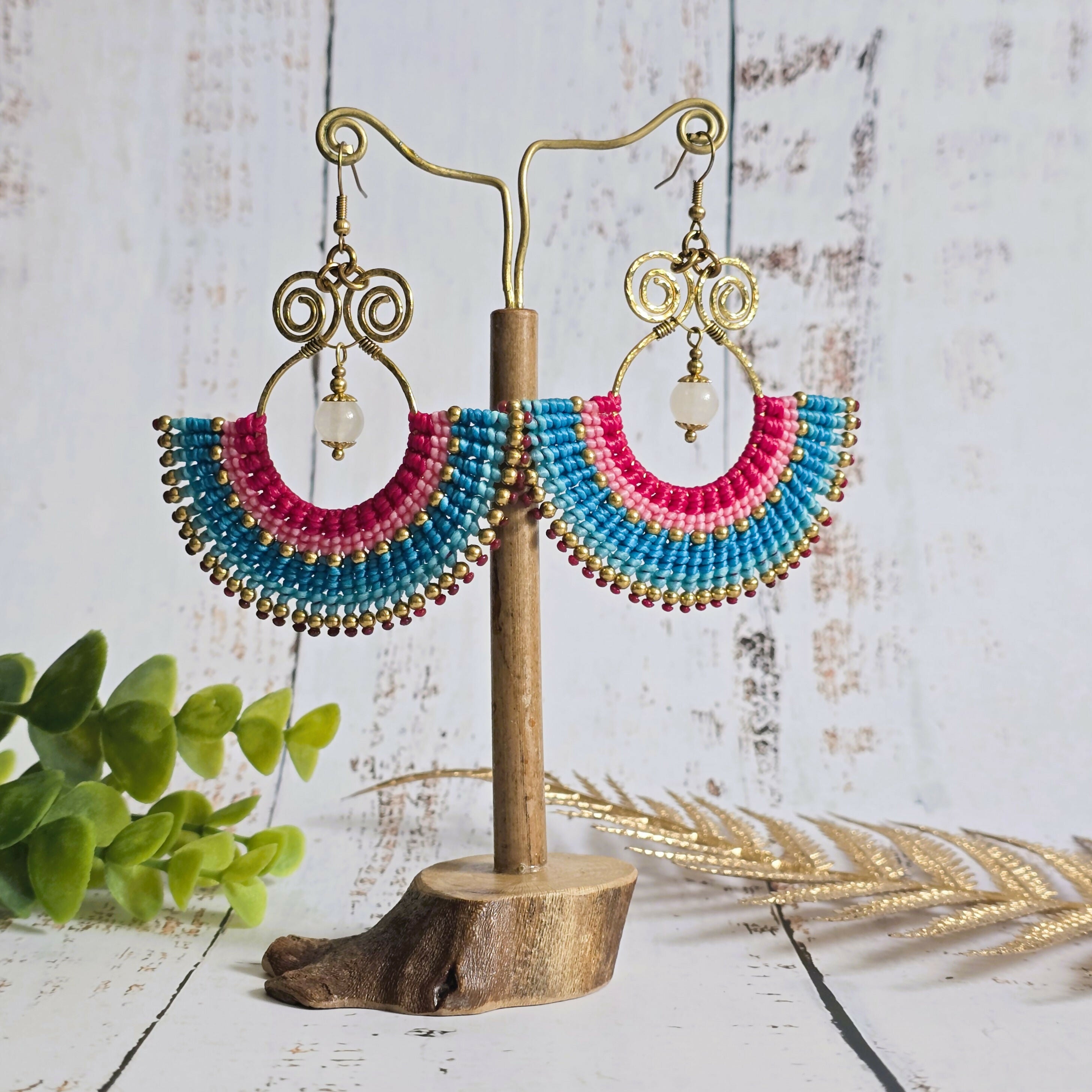 Pink Rose Quartz Statement Earrings; Handmade Bohemian Macramé Earrings With Gold Spiral Wirework