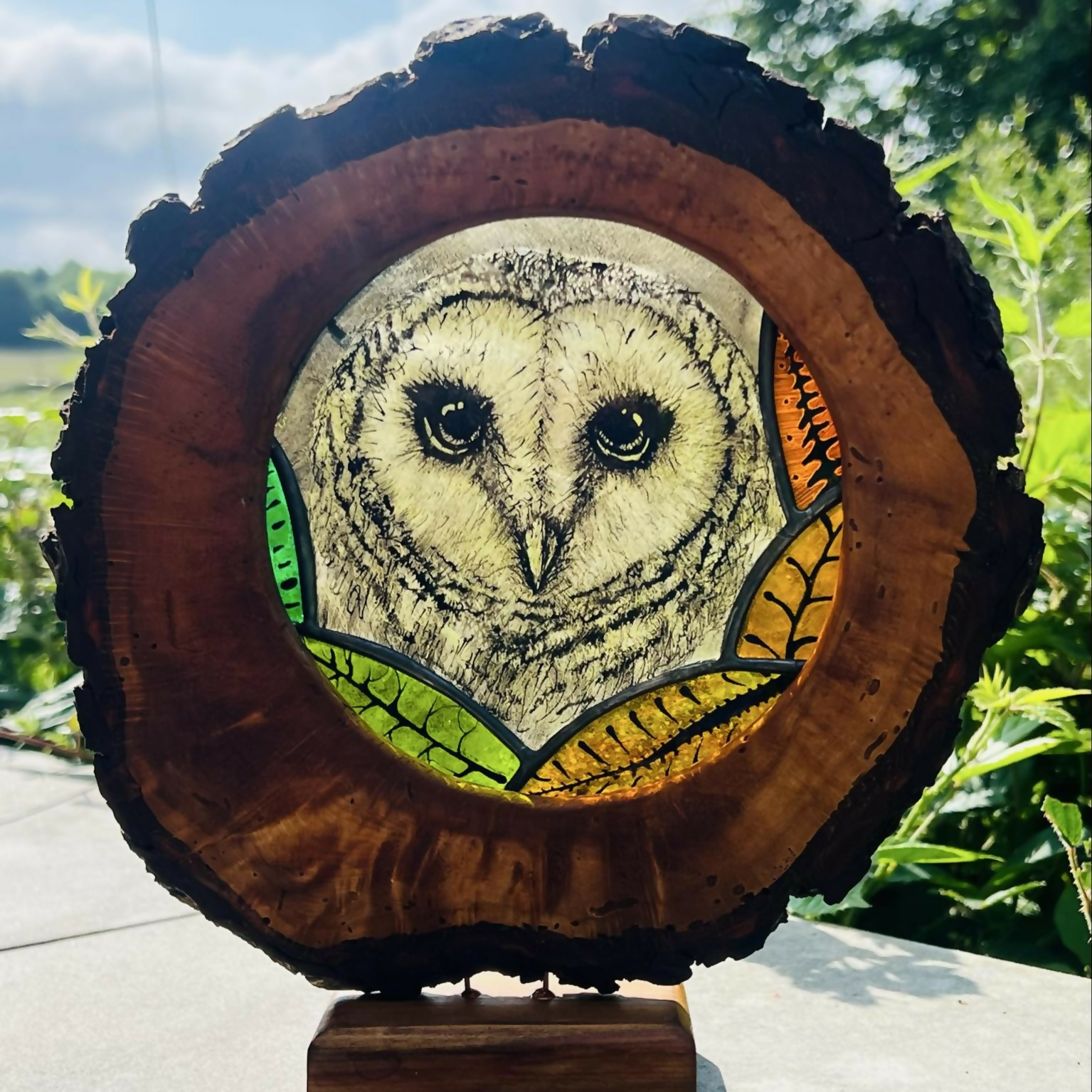 Hand Painted Stained Glass Forest Creatures in Wood Log