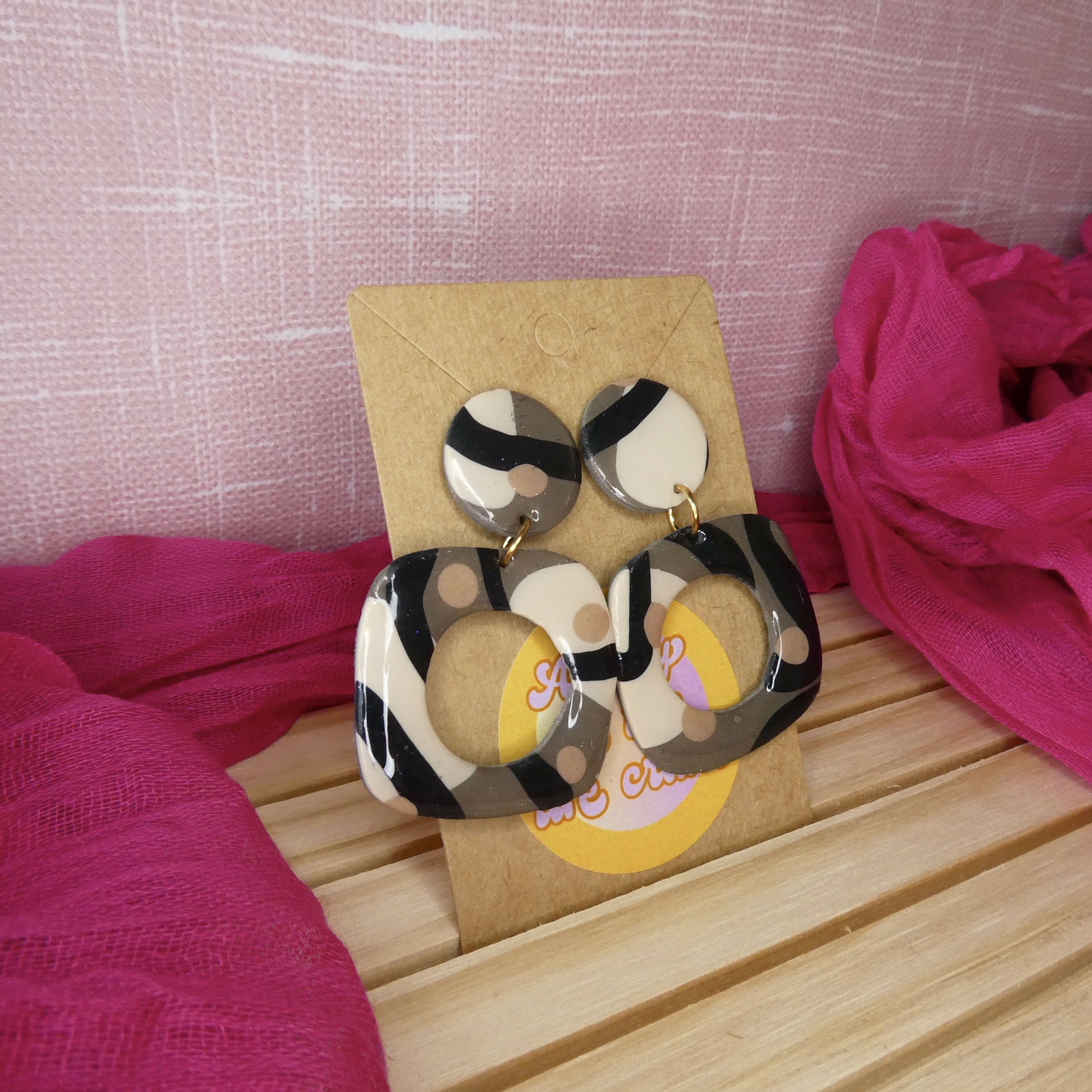 Brown Abstract Square Polymer Clay Earrings