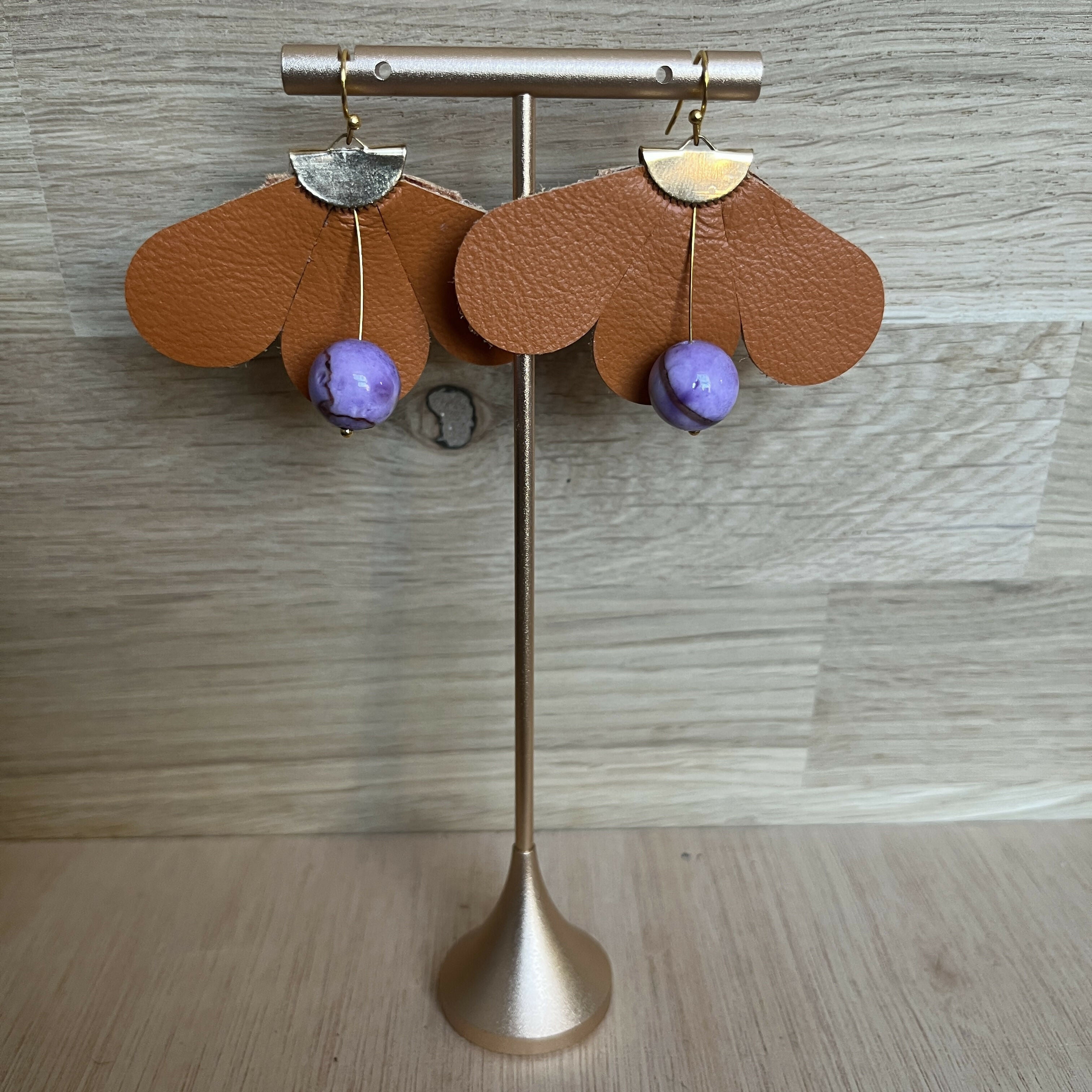 Forest Whisper – Cognac Brown Thin Leather Flower Earrings with Lavender Stone