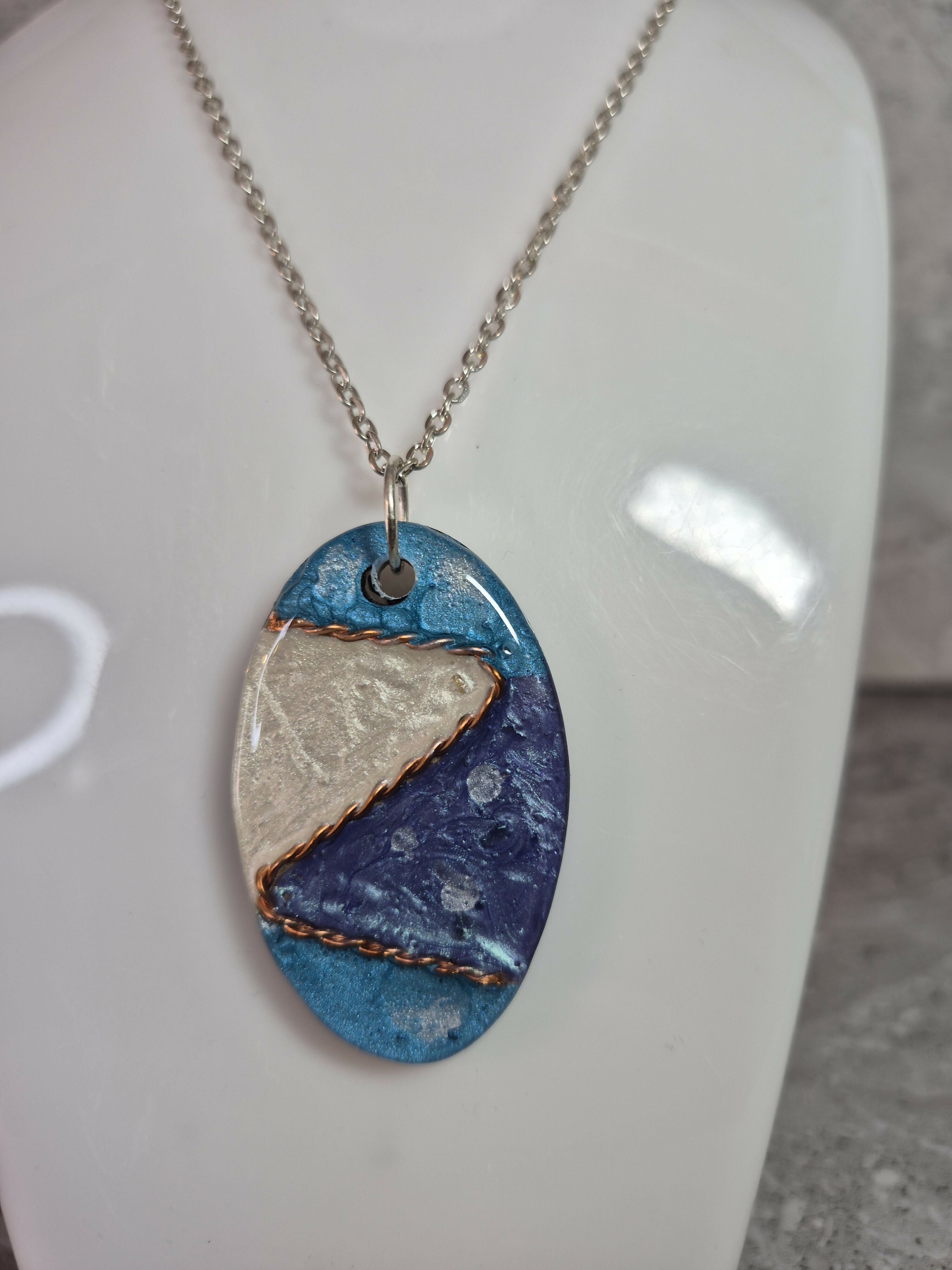 Unique Hand Crafted Oval Cyan, Blue, White Swirl Bohemian Style Pendant