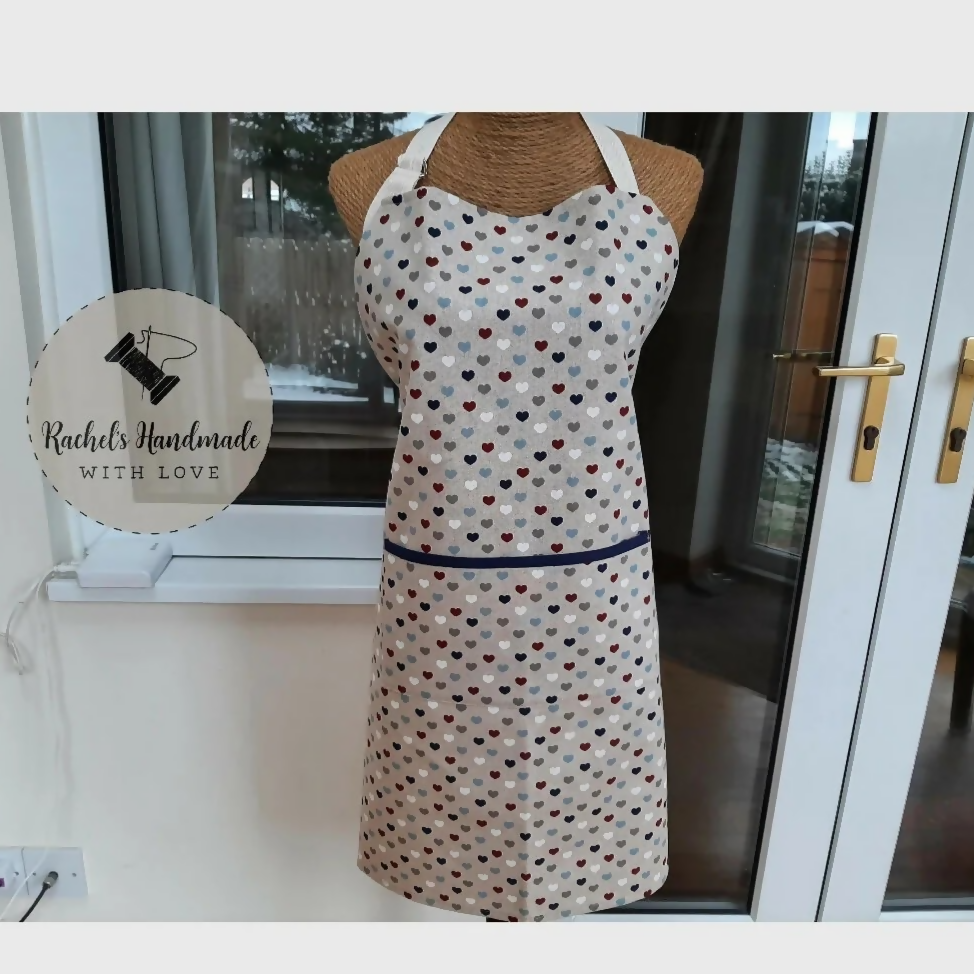 Handmade Nautical Heart Print Adult Apron, Adjustable Neck