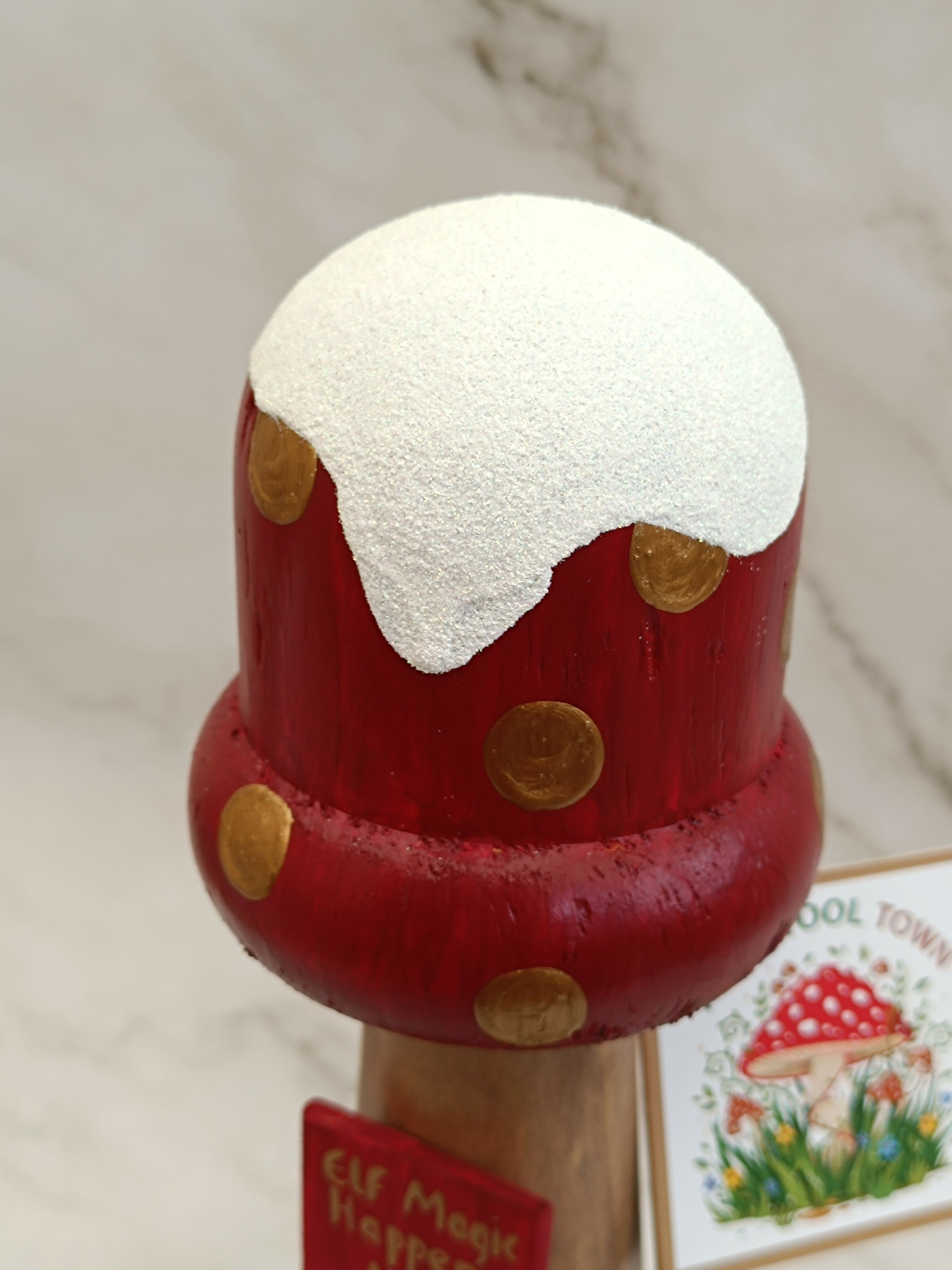 30cm Red Handmade, Free Standing Painted Wooden Bell Shaped Topped Toadstool Elf House - Whimsical Woodland Ornament & Holiday Keepsake