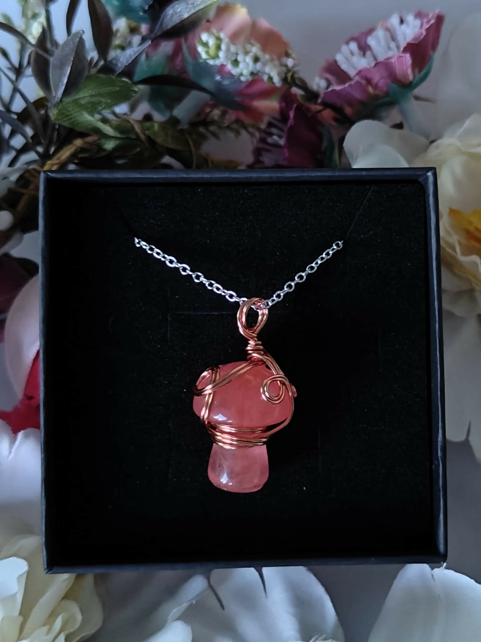 Cherry Quartz Wire Wrapped Crystal Mushroom Necklace on Sterling Silver Chain