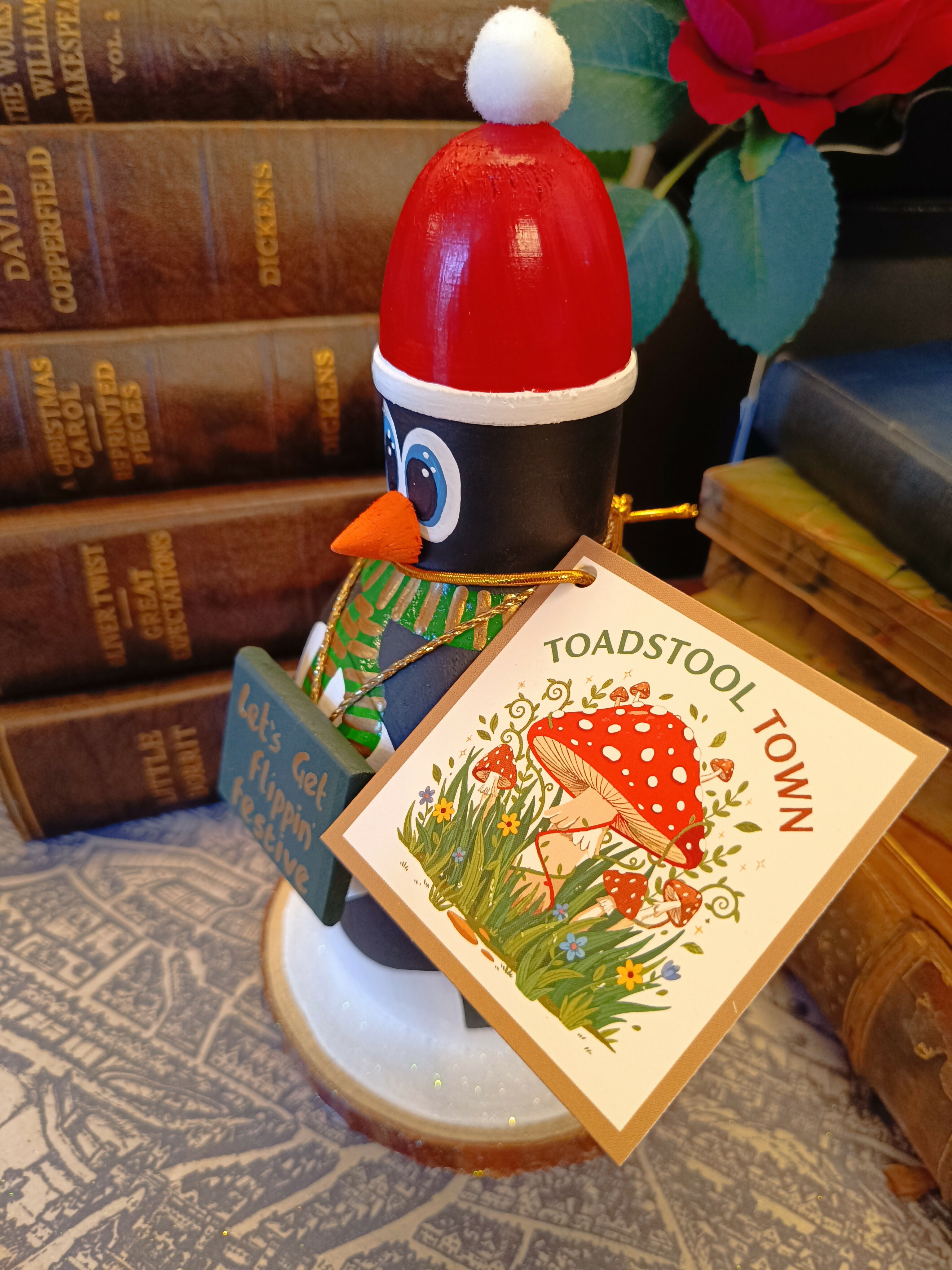 Handmade Wooden Holiday Penguin Figurine - "Let's Get Flippin' Festive"