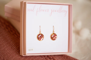 Pink Queen Anne’s Lace Small Mirrored Circle Bezel Earrings Gold Plated