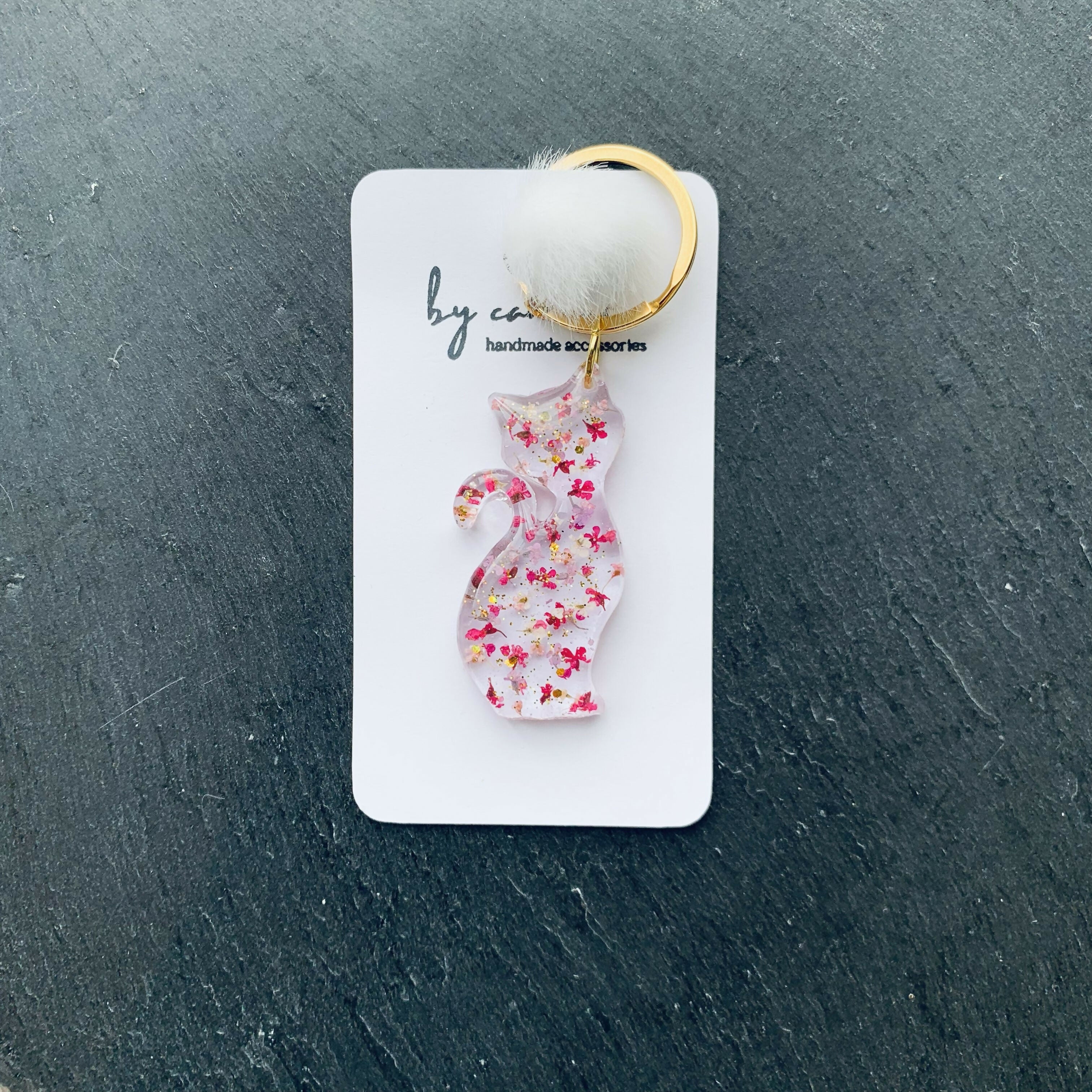 Handcrafted Real Pressed Floral Resin Cat Keyring with Fluffy Pom-Pom Accent