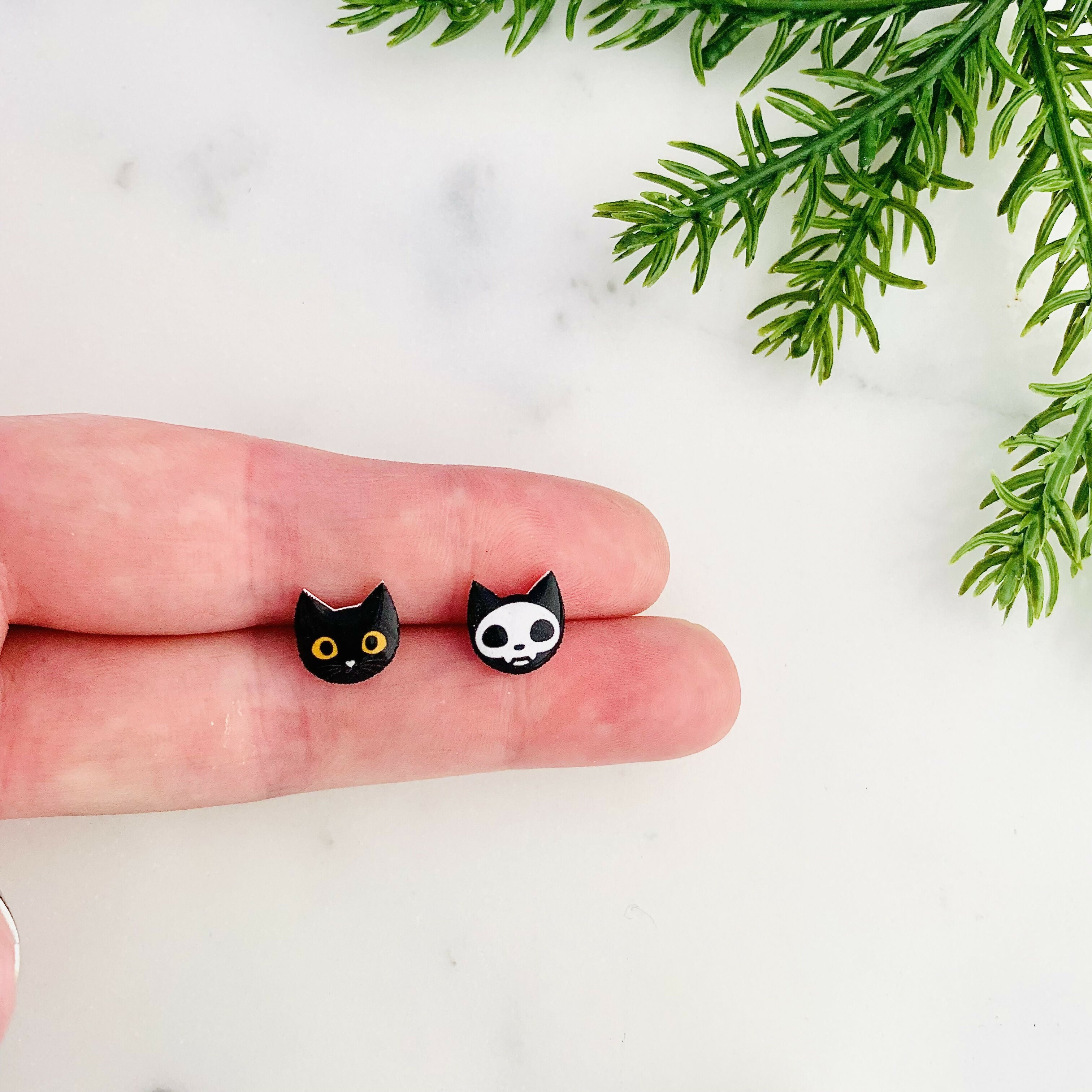 Black Cat and Skeleton Cat Face Mismatched Earrings