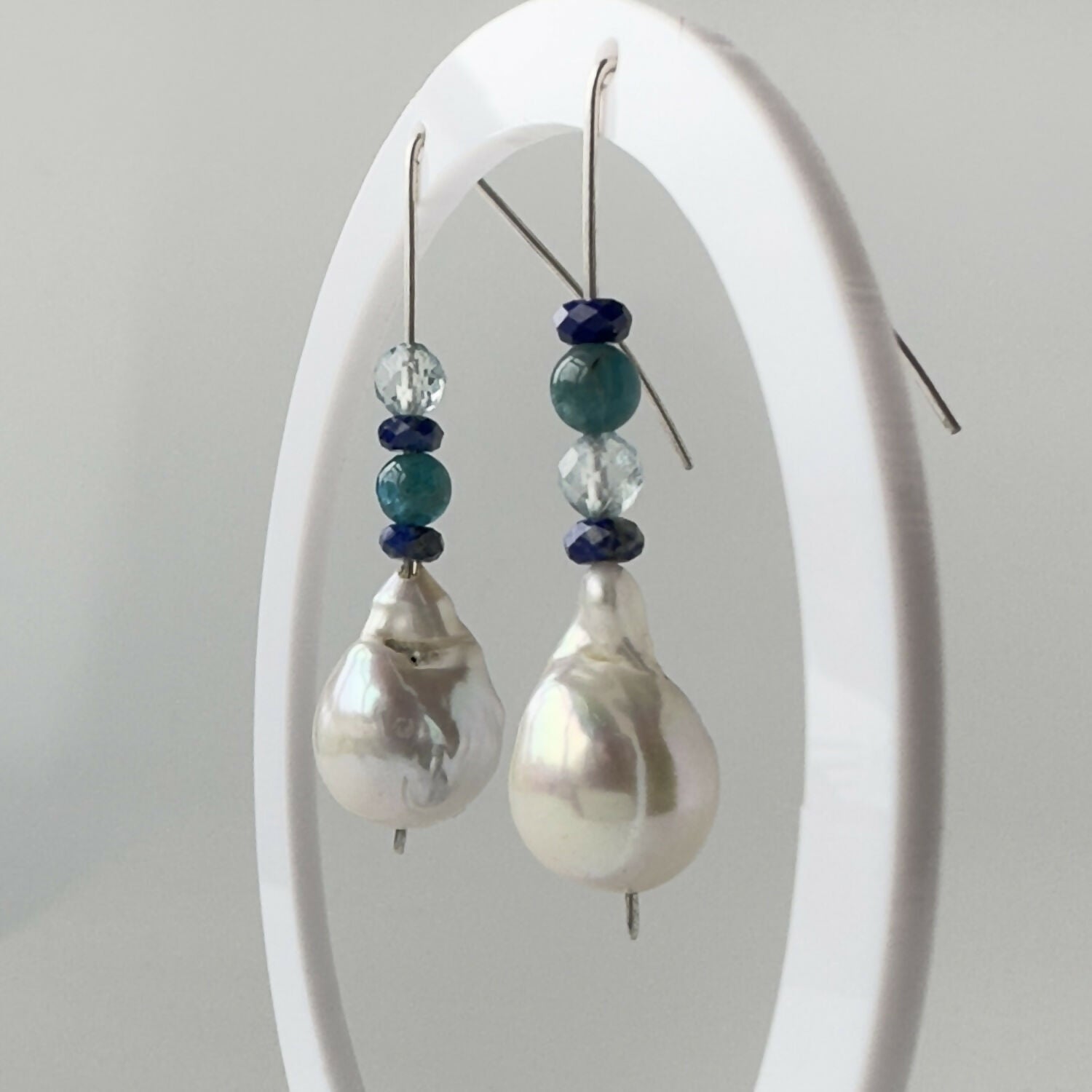 HEALING CRYSTAL & STERLING SILVER THROAT CHAKRA EARRINGS WITH BAROQUE PEARLS