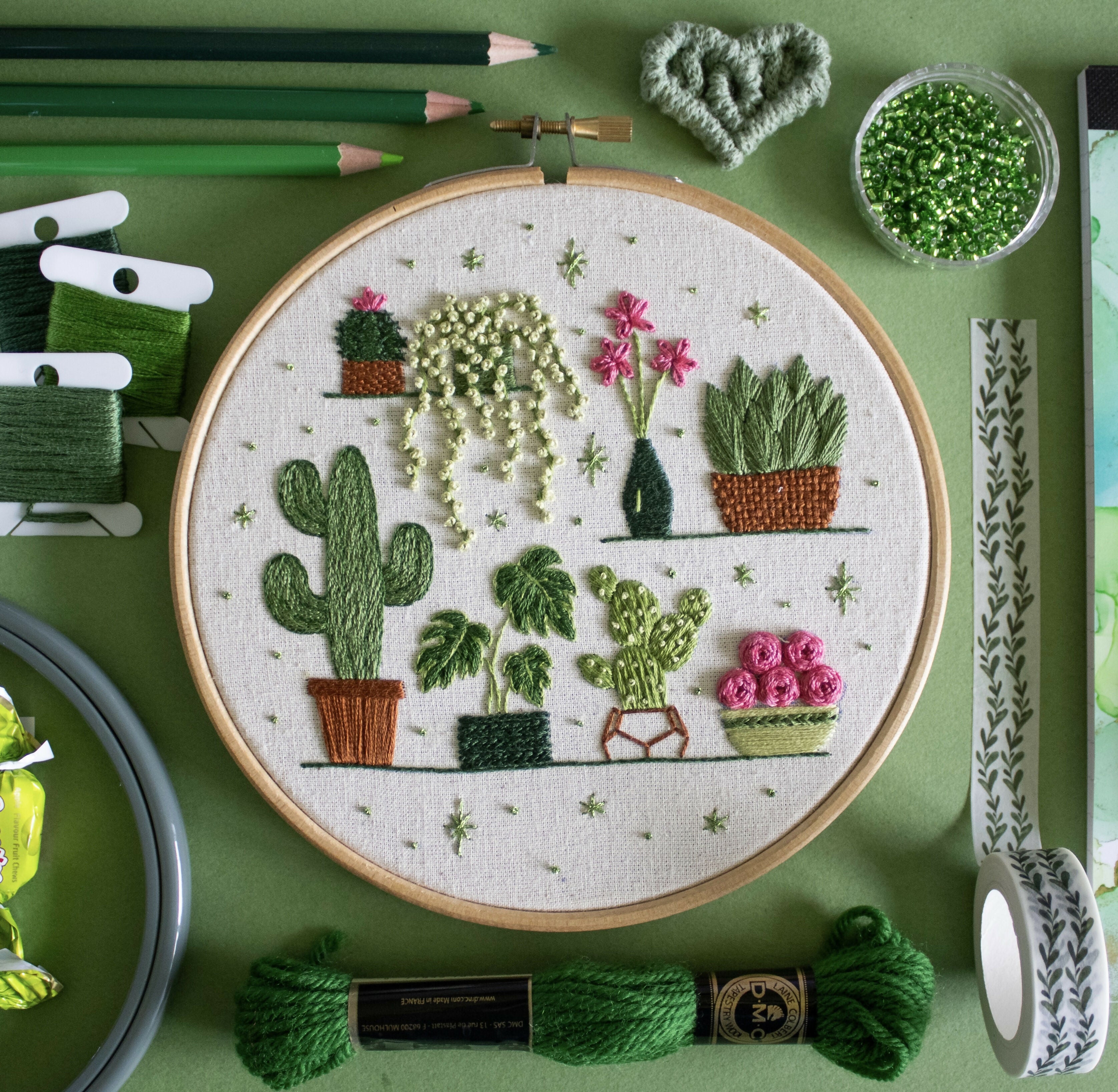 Preprinted Embroidery Pattern For Beginners - Potted Plants
