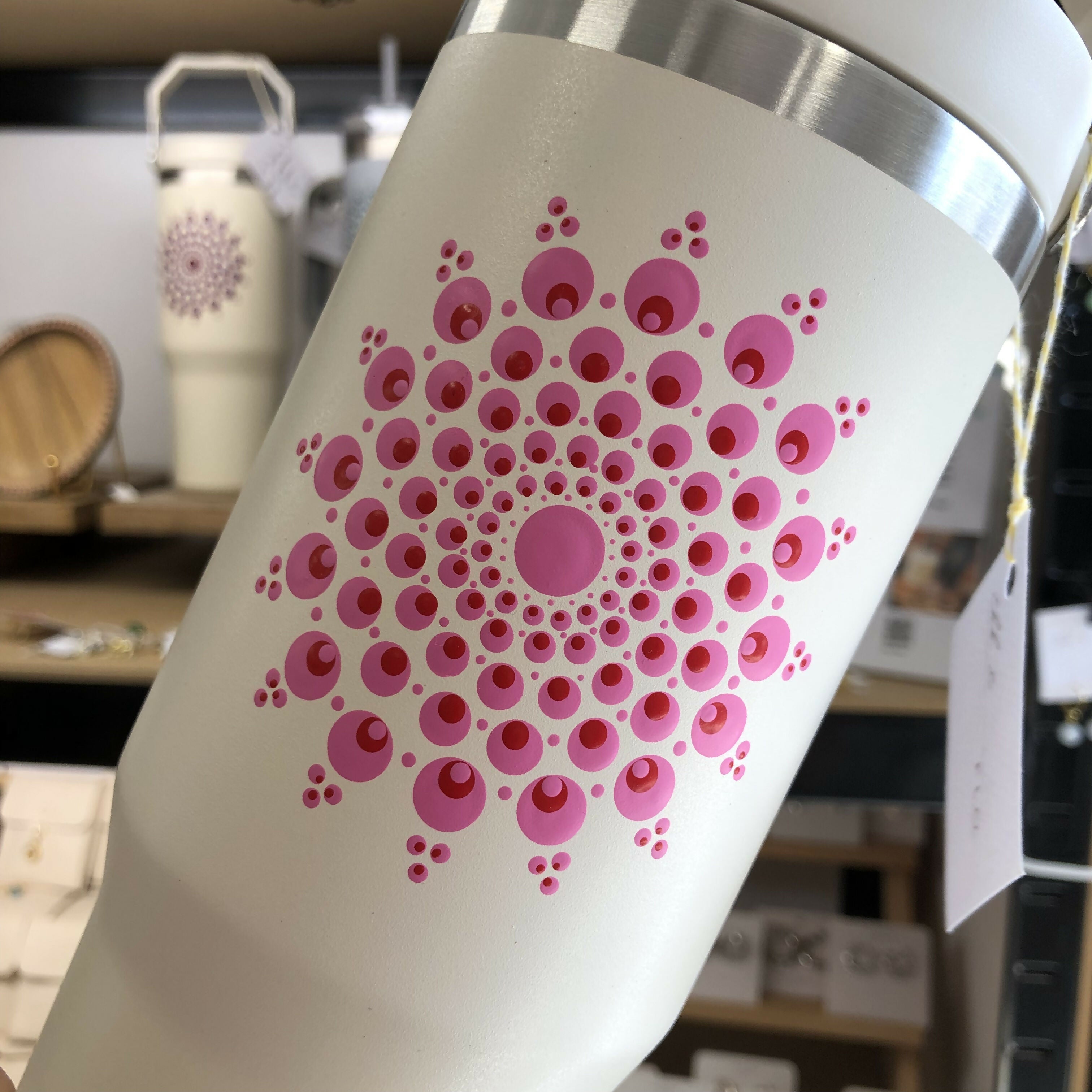 Hand Painted Dot Mandala Thermal Water Bottle with Handle: Cream with Pink and Red