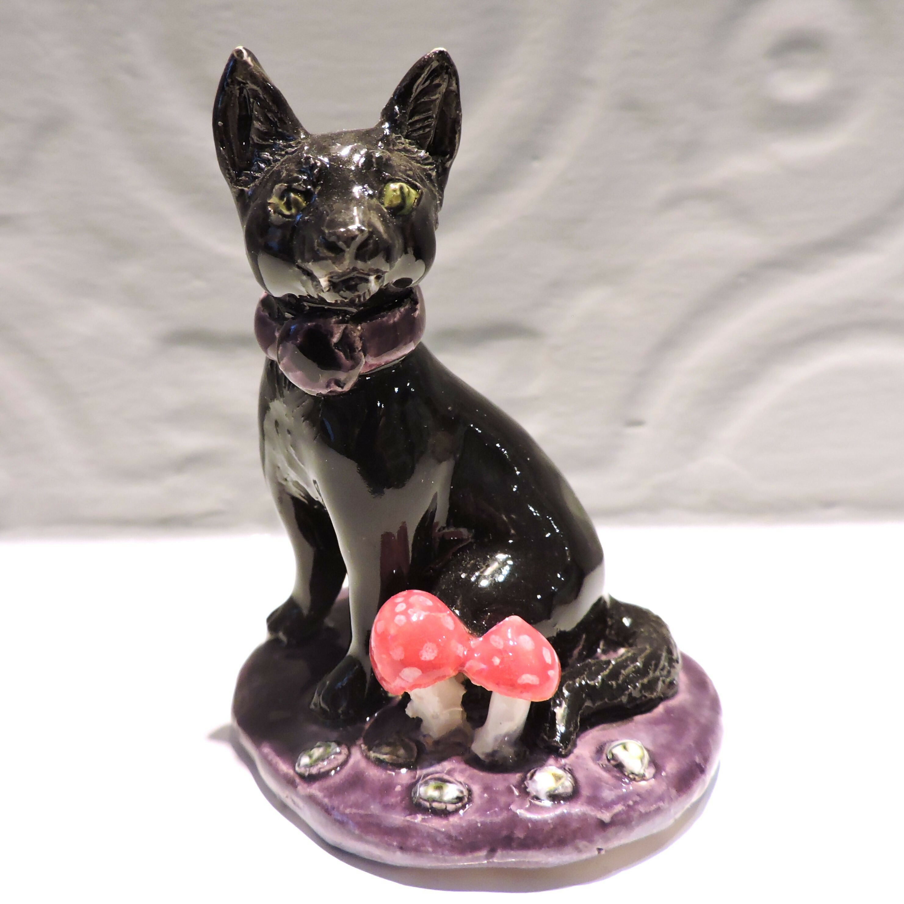 Ceramic Witches cat with mushrooms sculpture