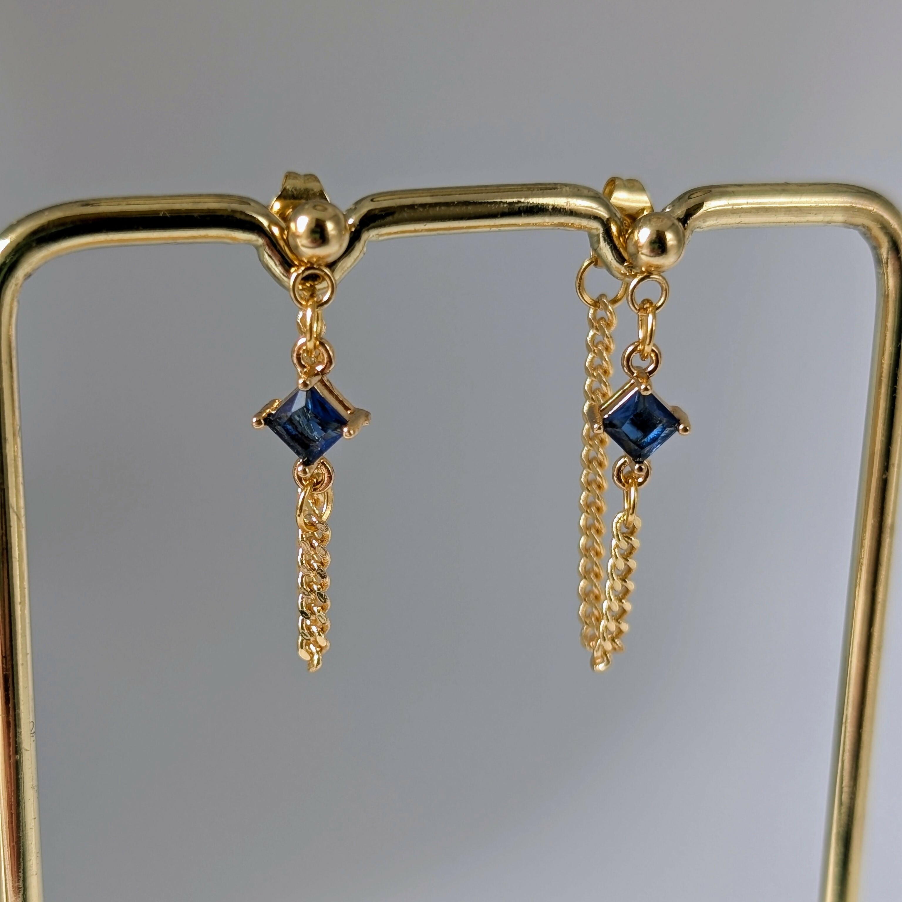 Sapphire Blue Zirconia Chain Earrrings on Gold Plated Ball Stud