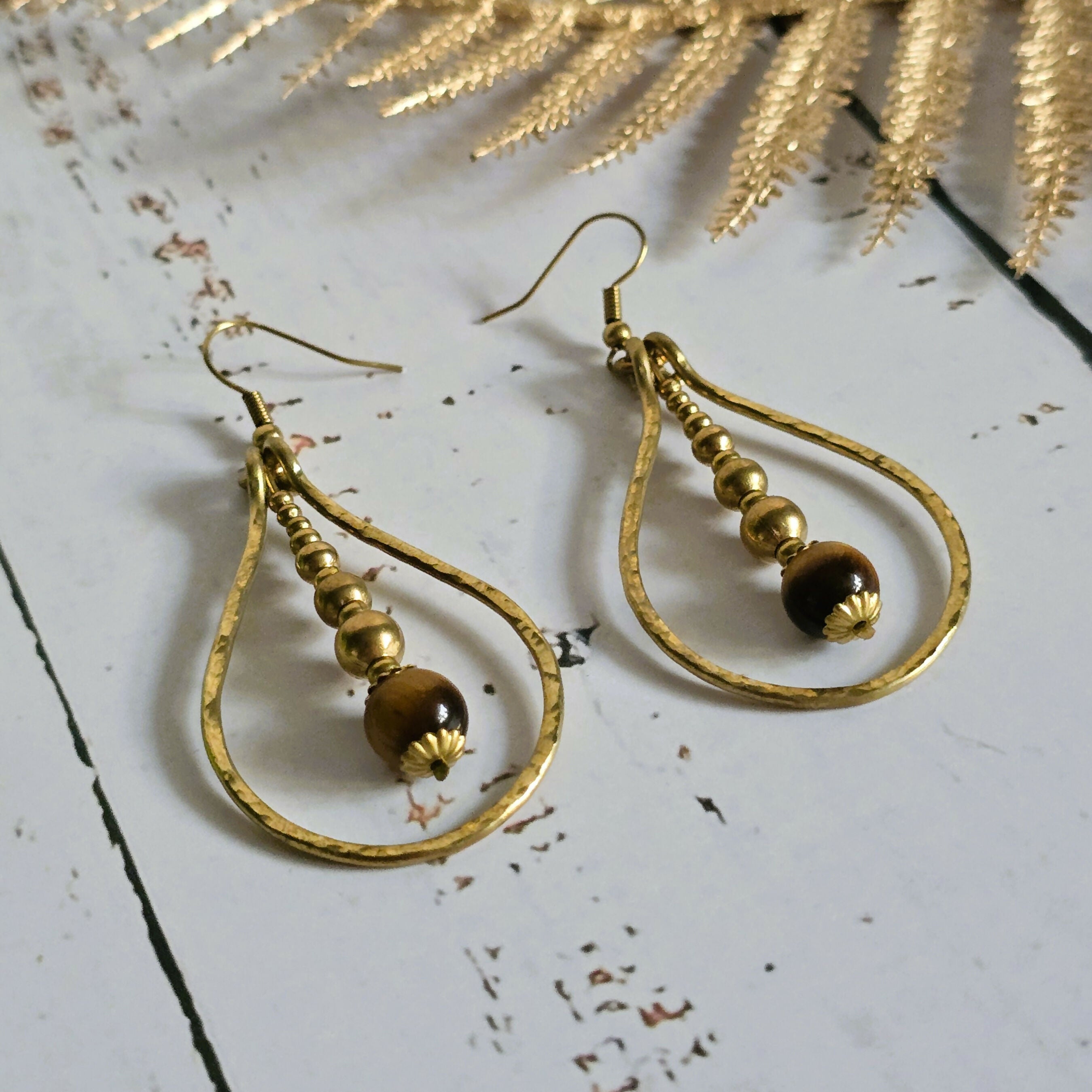 Tiger's Eye Raindrop Earrings; Gold Brass Wire Teardrop Crystal Boho Earrings