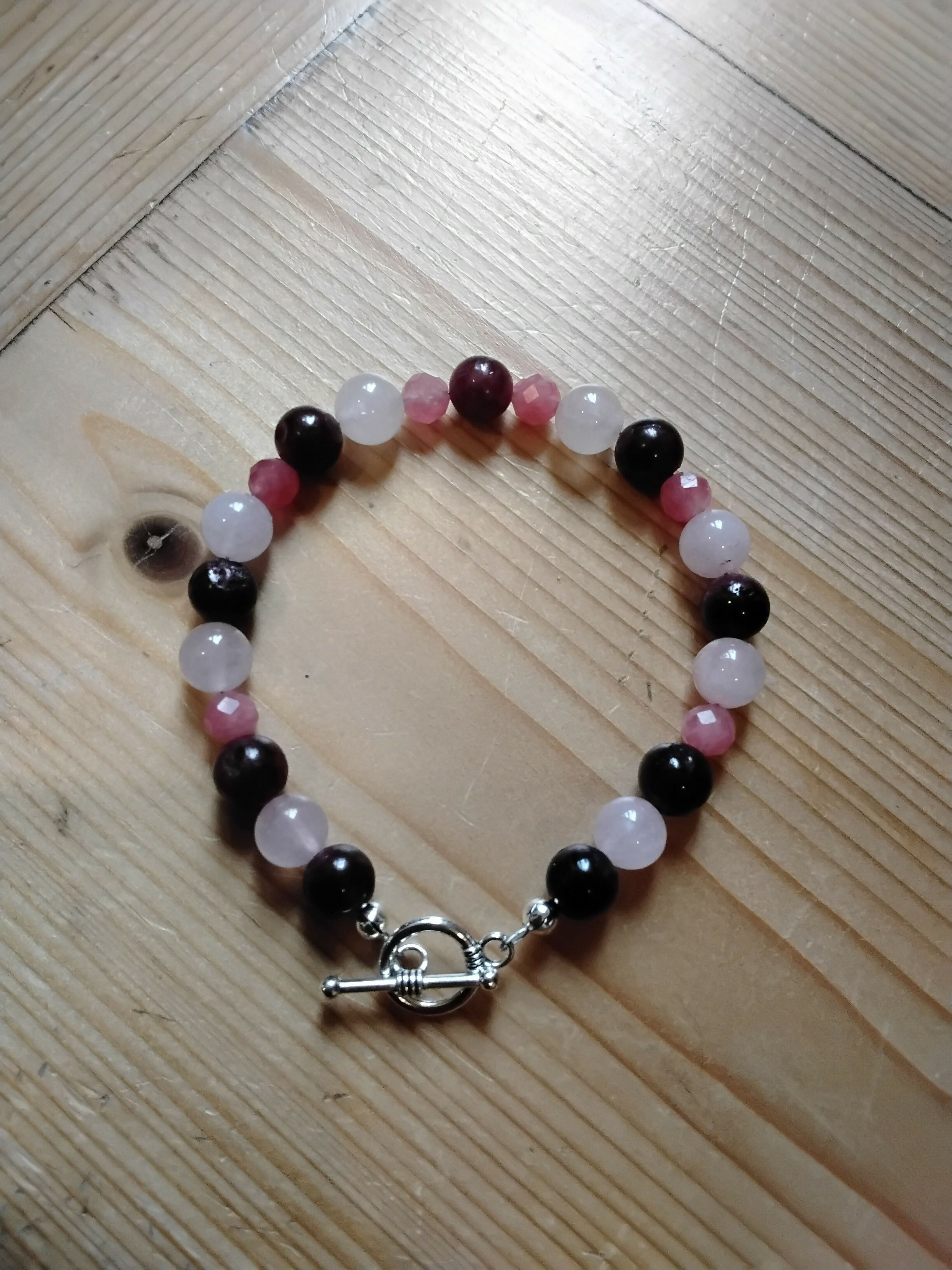 Tibetan Silver Toggle Catch Bracelet with Plum Chalcedony, Rose Quartz and Faceted Strawberry Quartz.