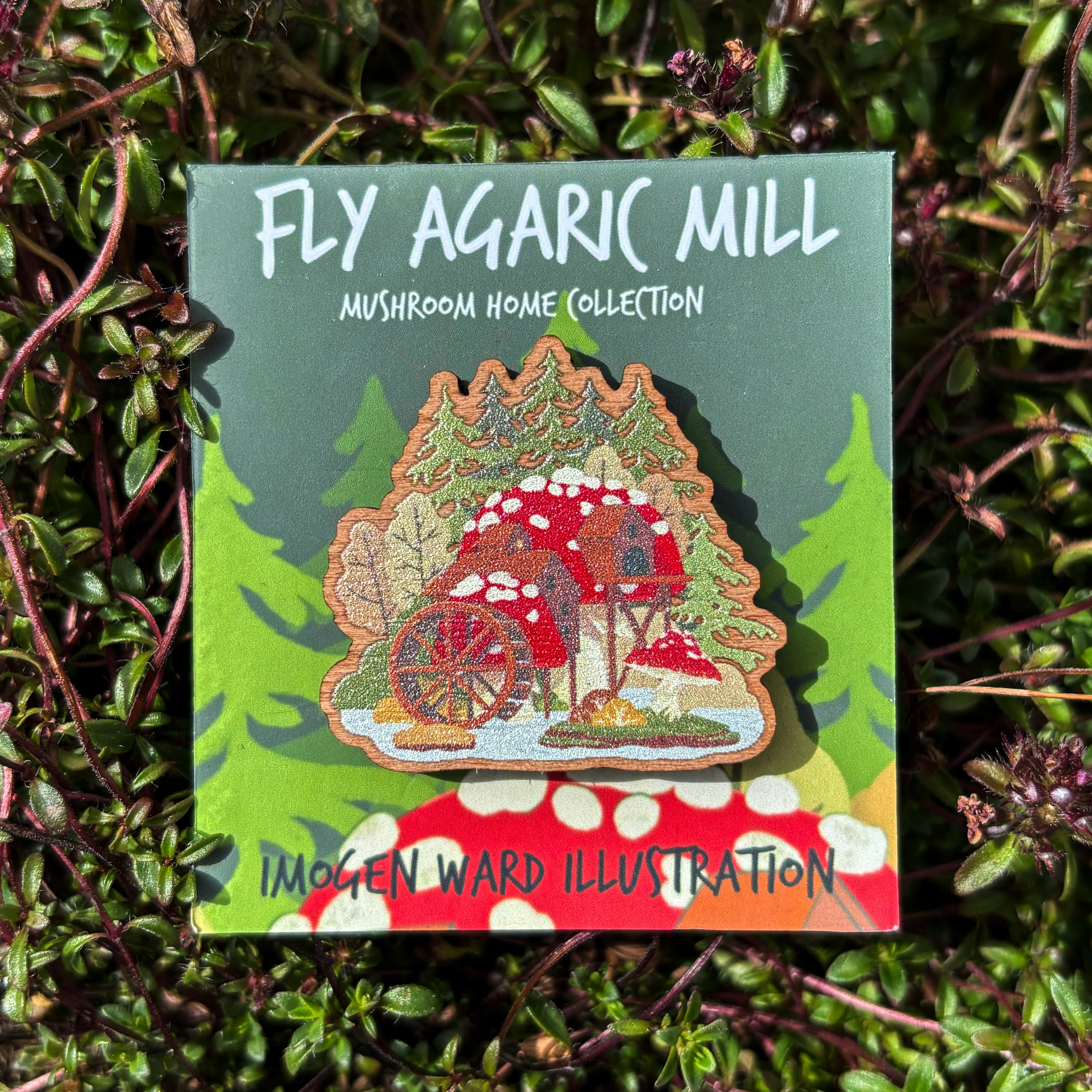 Fly agaric mushroom whimsical mill house. Cottagecore wooden pin badge