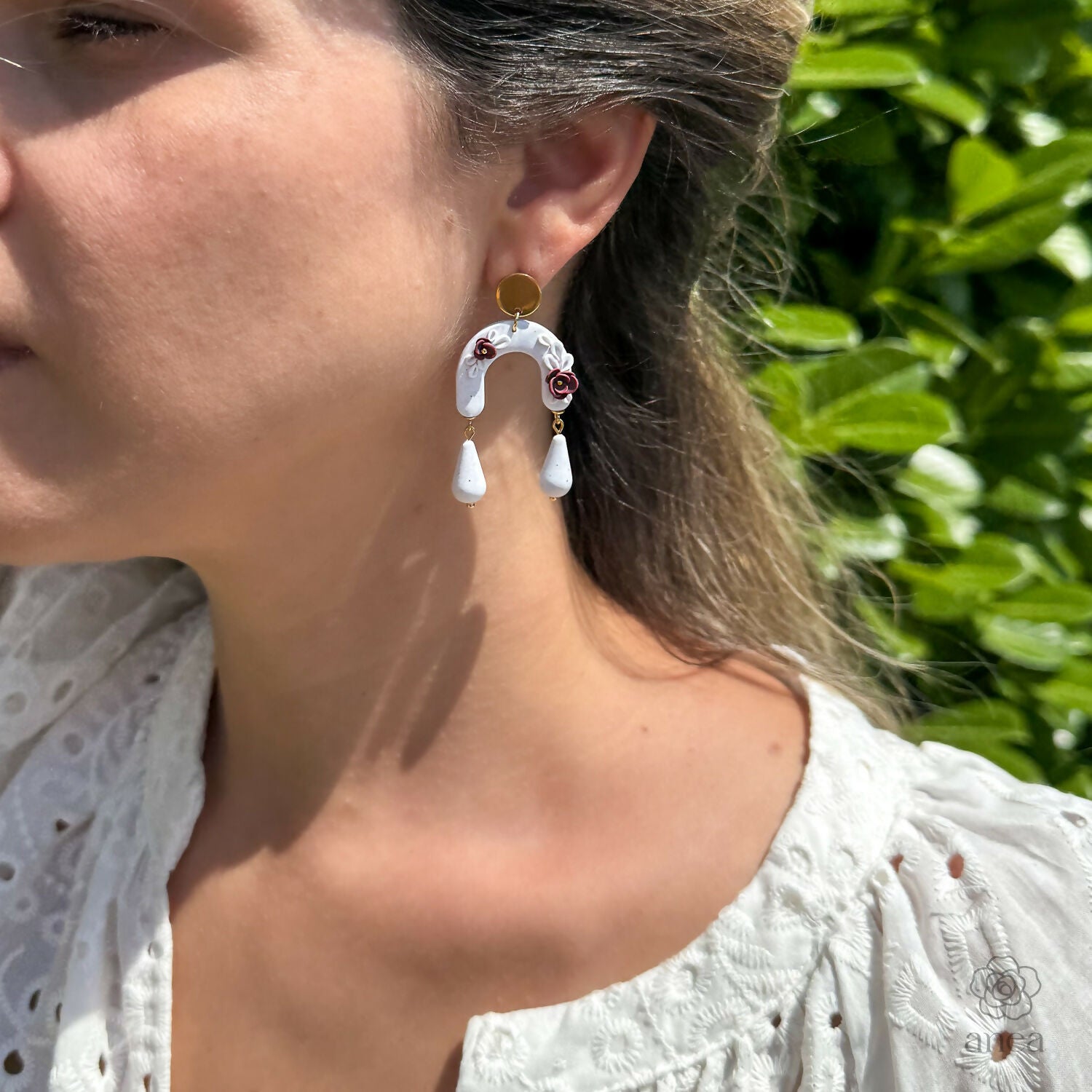 Floral Arch Drop Earrings with Teardrop Beads in White