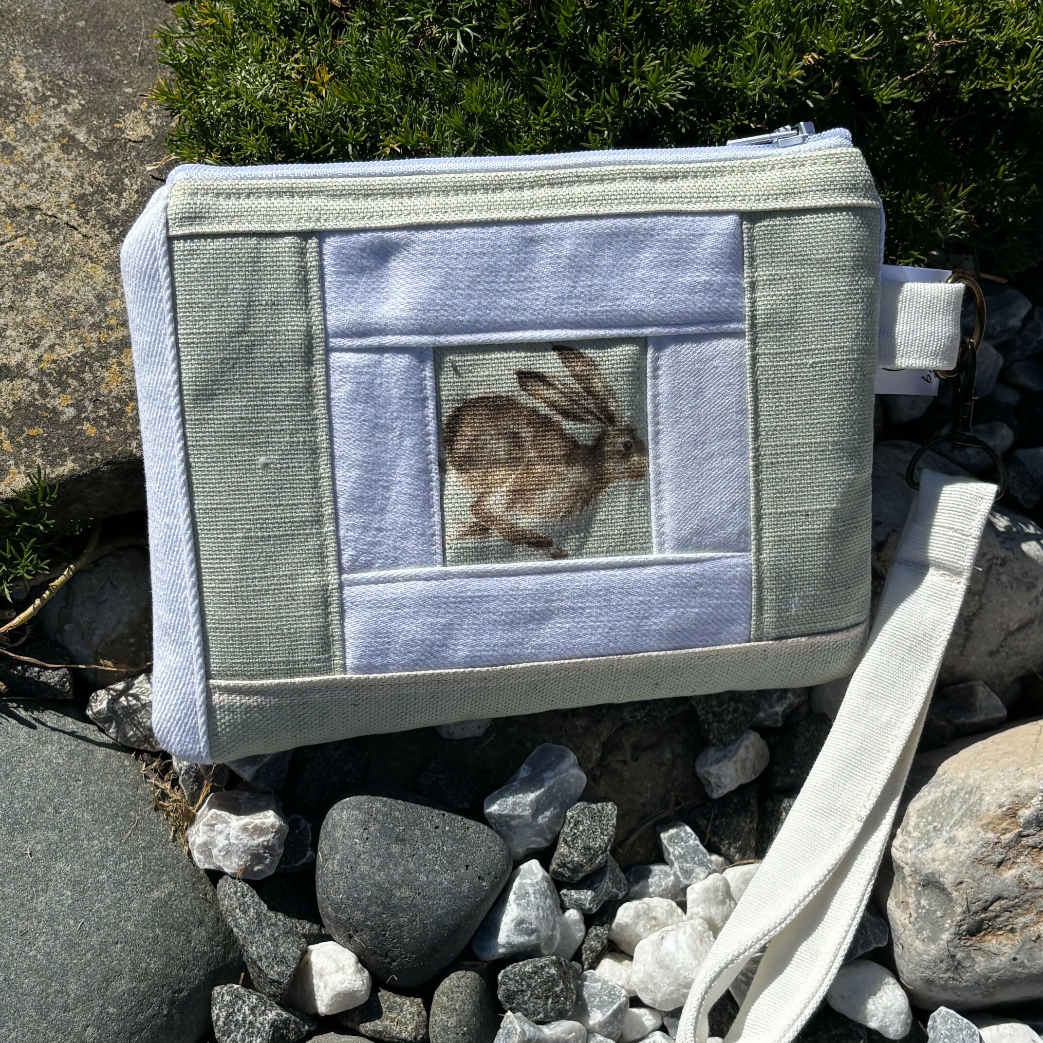 Unique Handcrafted Patchwork Purse Wristie Made From Upcycled White Jeans And Animal Print Fabric