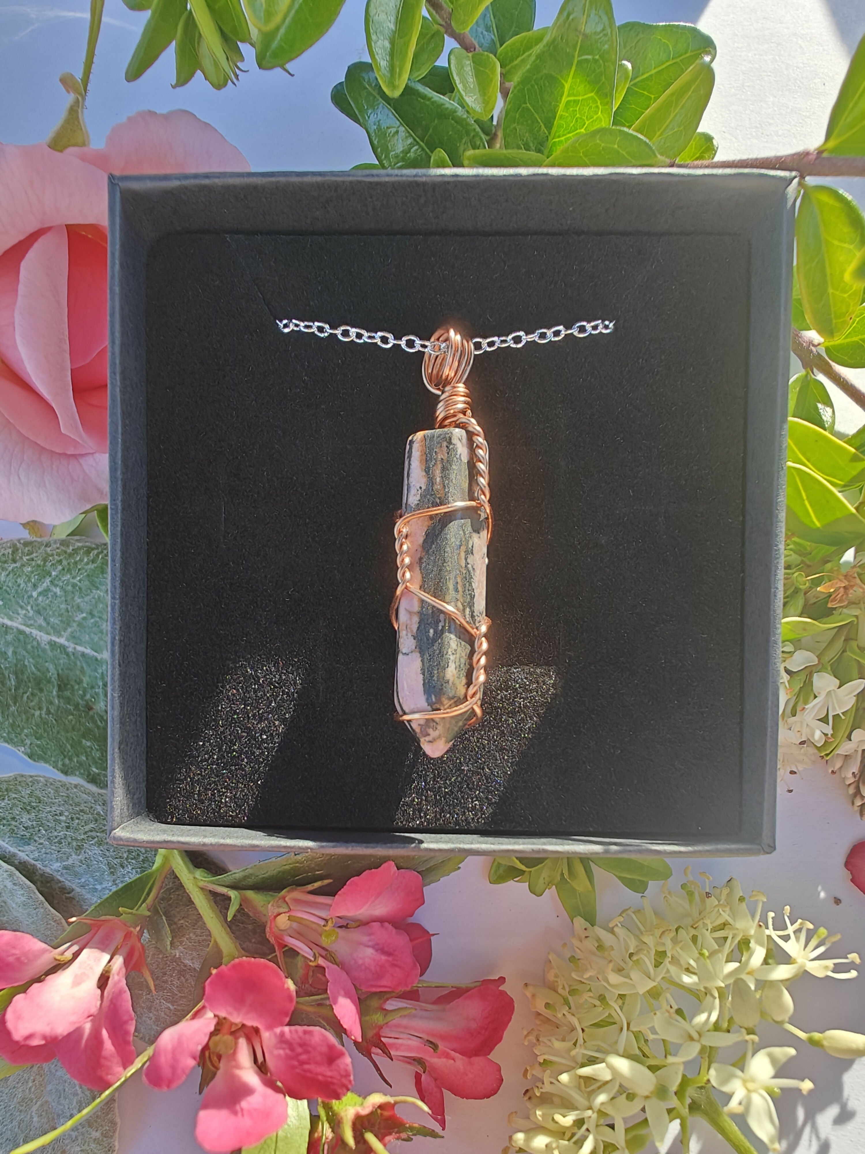 Rhodonite Wire Wrapped Crystal Point Necklace on Sterling Silver Chain