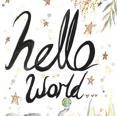 'Hello World' Baby Elephant Watercolour Painting Print A5 Mounted