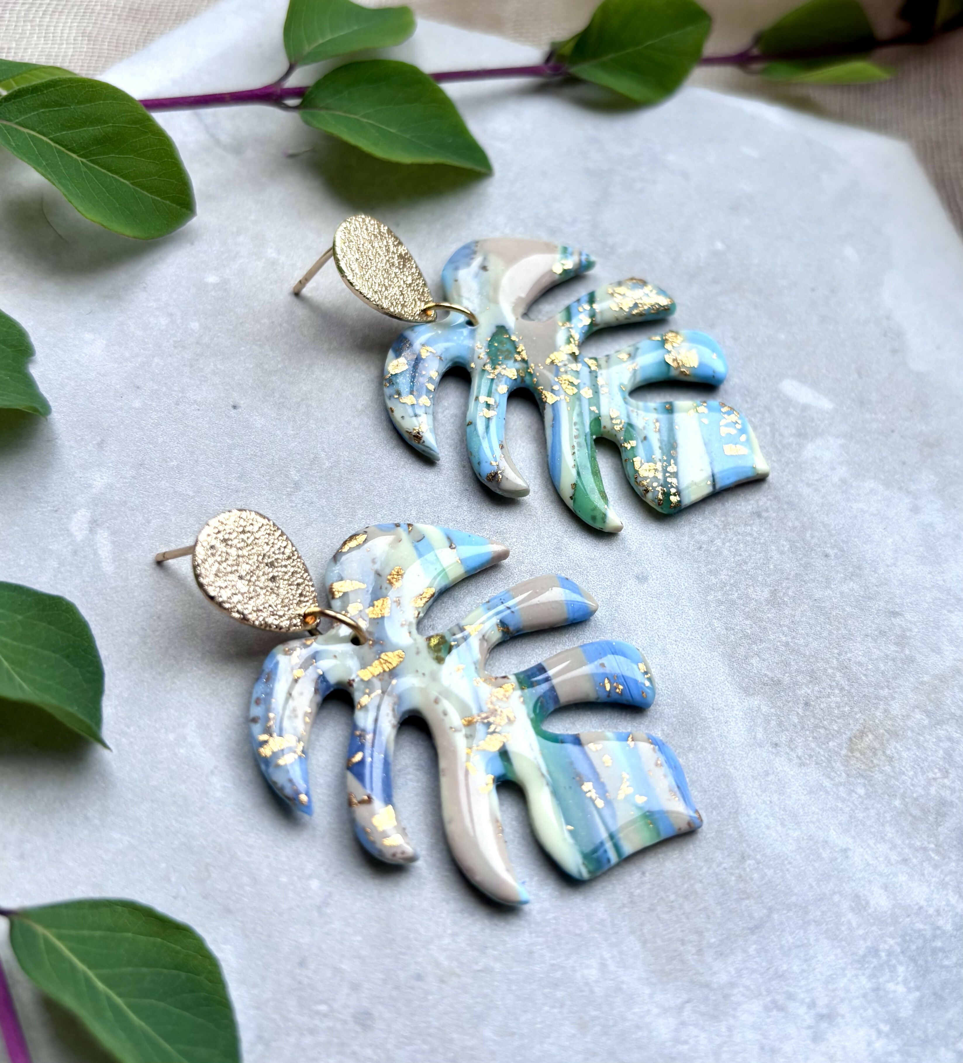 Aqua Collection - Monstera Leaf Polymer Clay Earrings