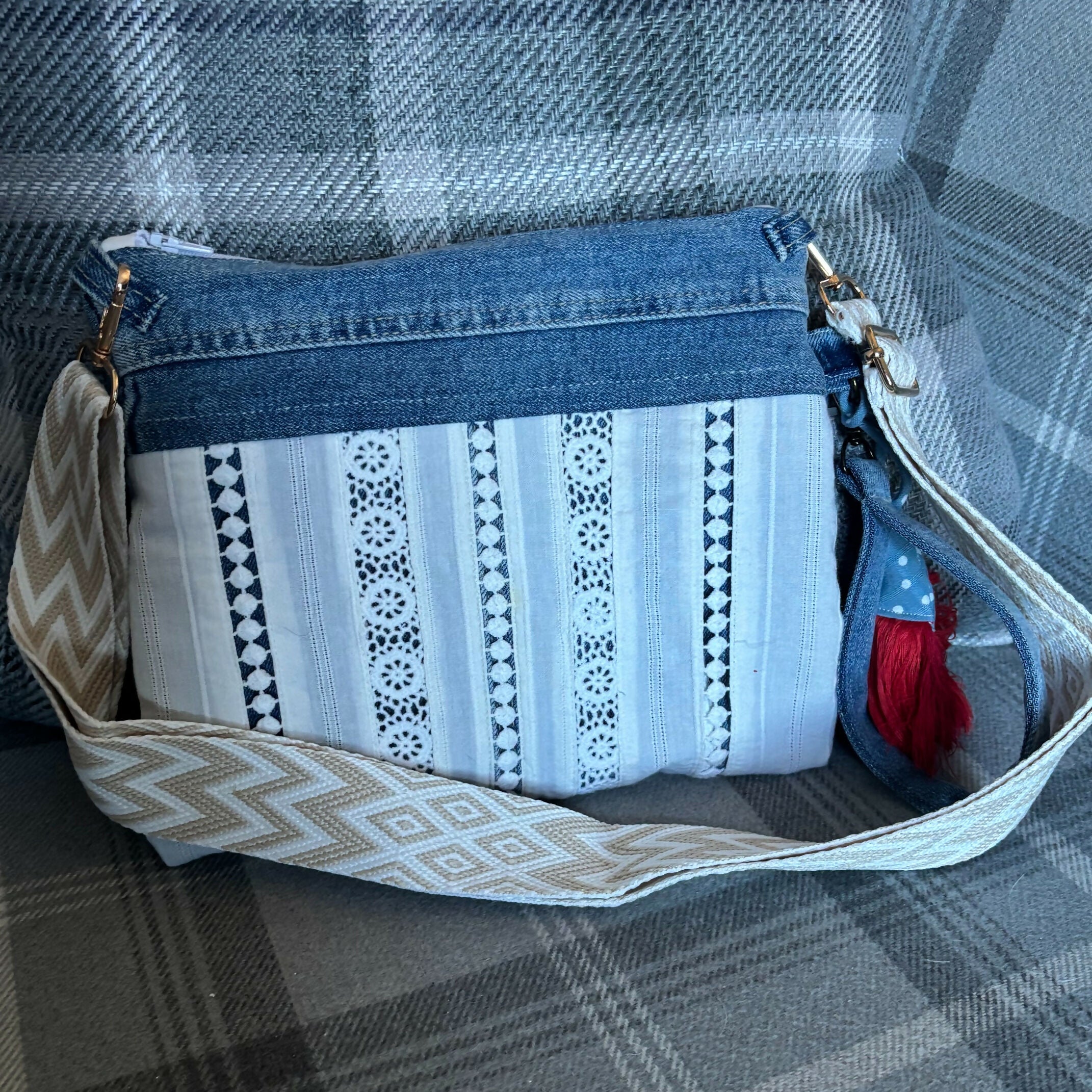 Unique Bag Handbag Made From Upcycled Jeans With Detachable Handle And Wrist Strap Plus Gonk Decoration