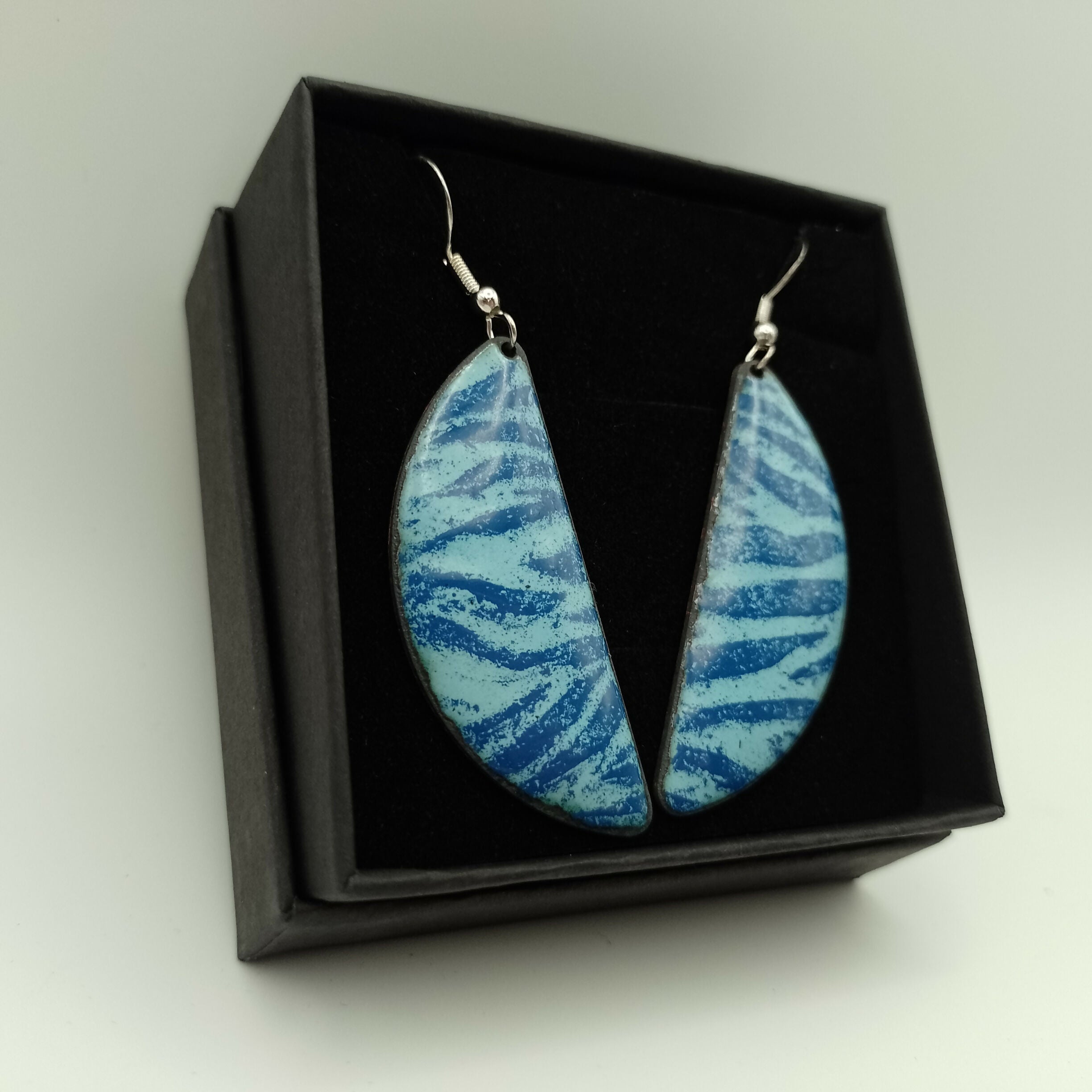 Pale and Dark Blue Striped Enamel Semi Circle Earrings