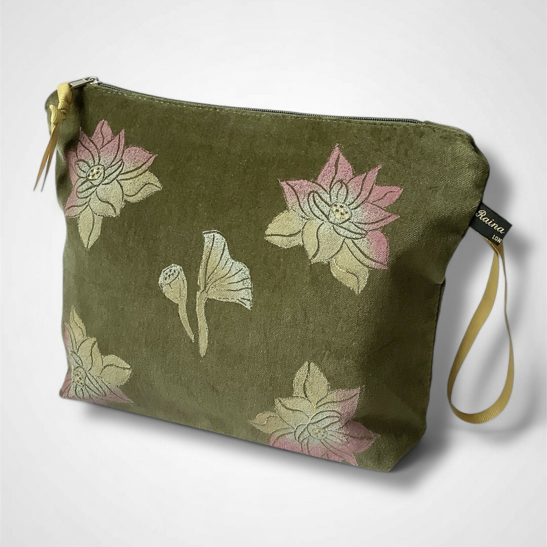 Lotus Flower Olive Green Velvet Makeup Bag