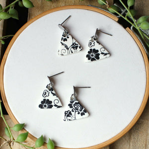 Monochrome Flower Print Triangle Earrings