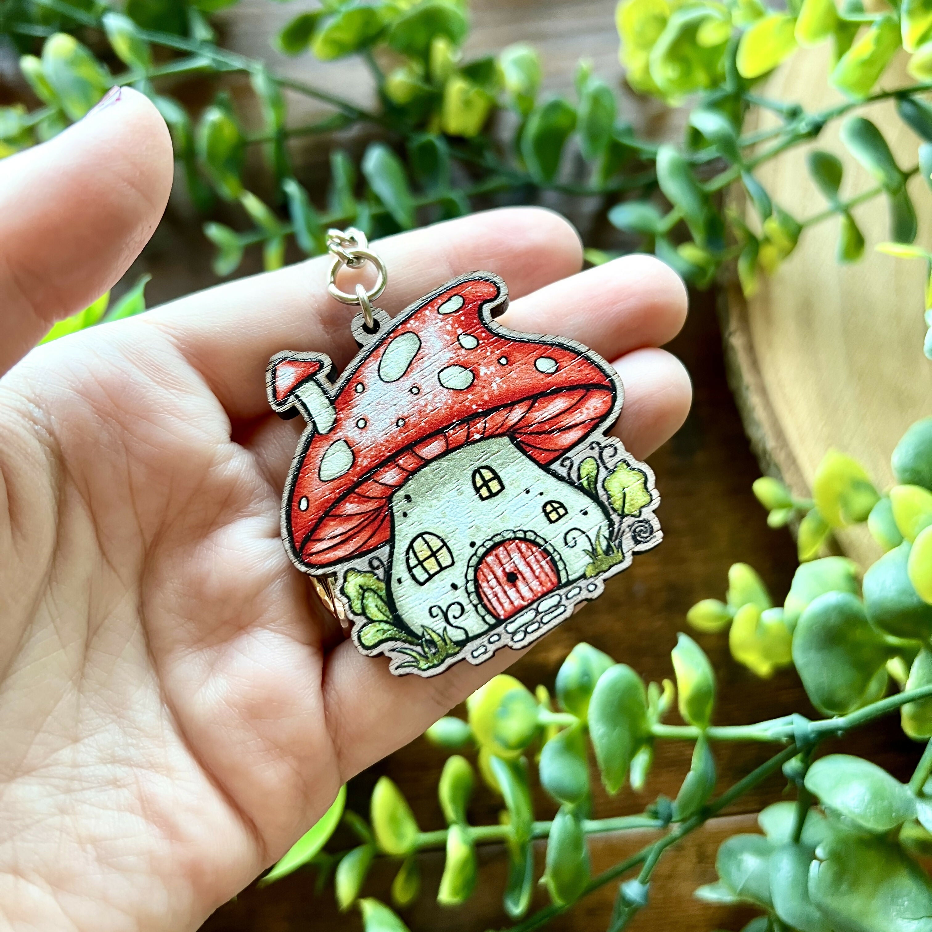 Mushroom House Wooden Keyring