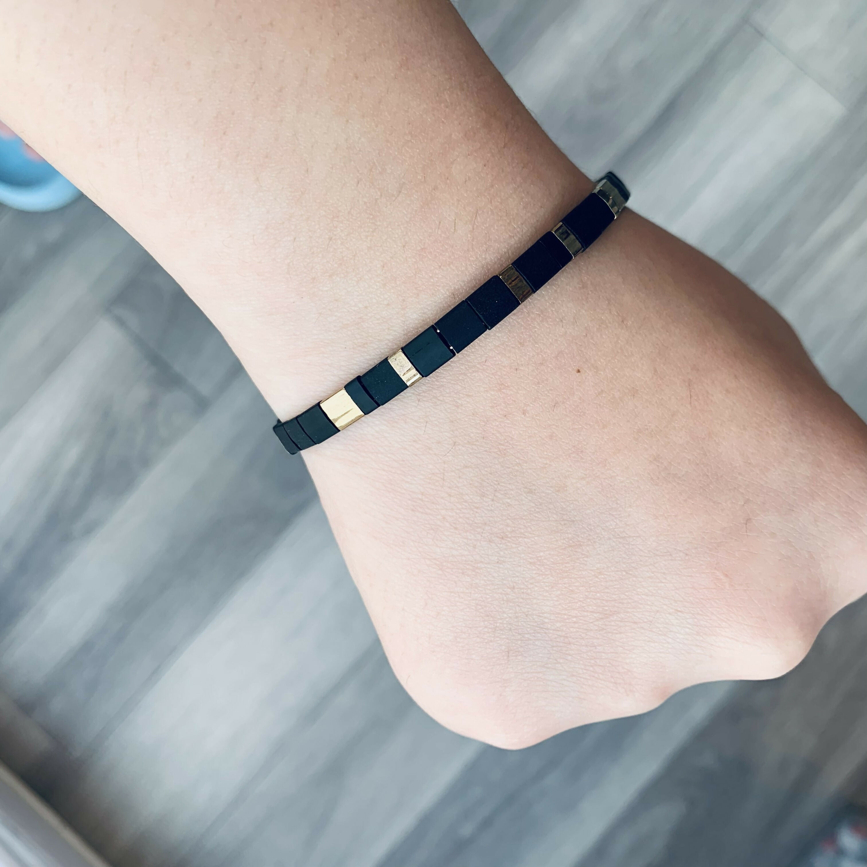 Japanese Tila Glass Bead Bracelet - Matte Black & Gold