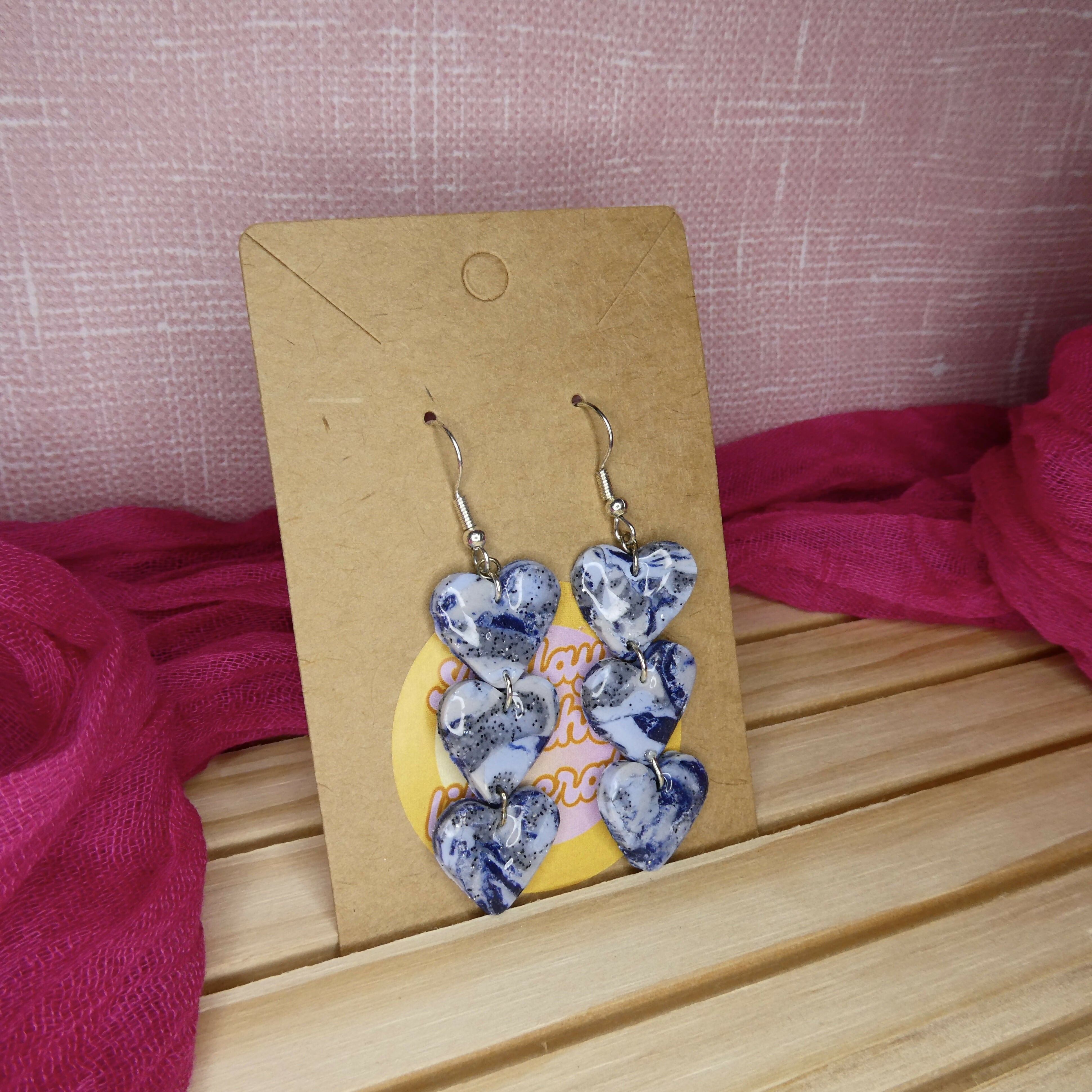 Blue Denim Heart Dangle Polymer Clay Earrings