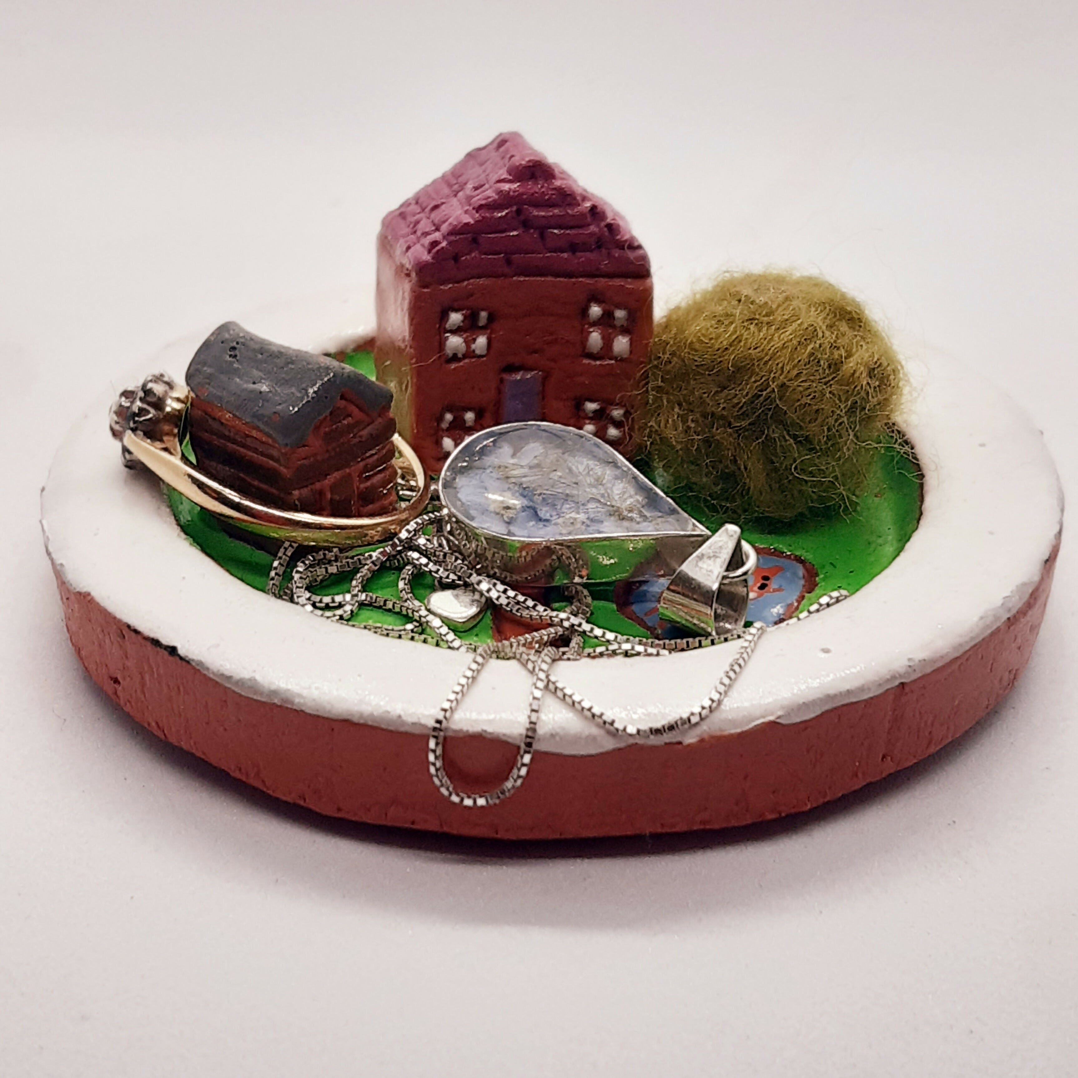 Clay House, Shed and Bush Jewellery/Trinket Dish with Pond and Path