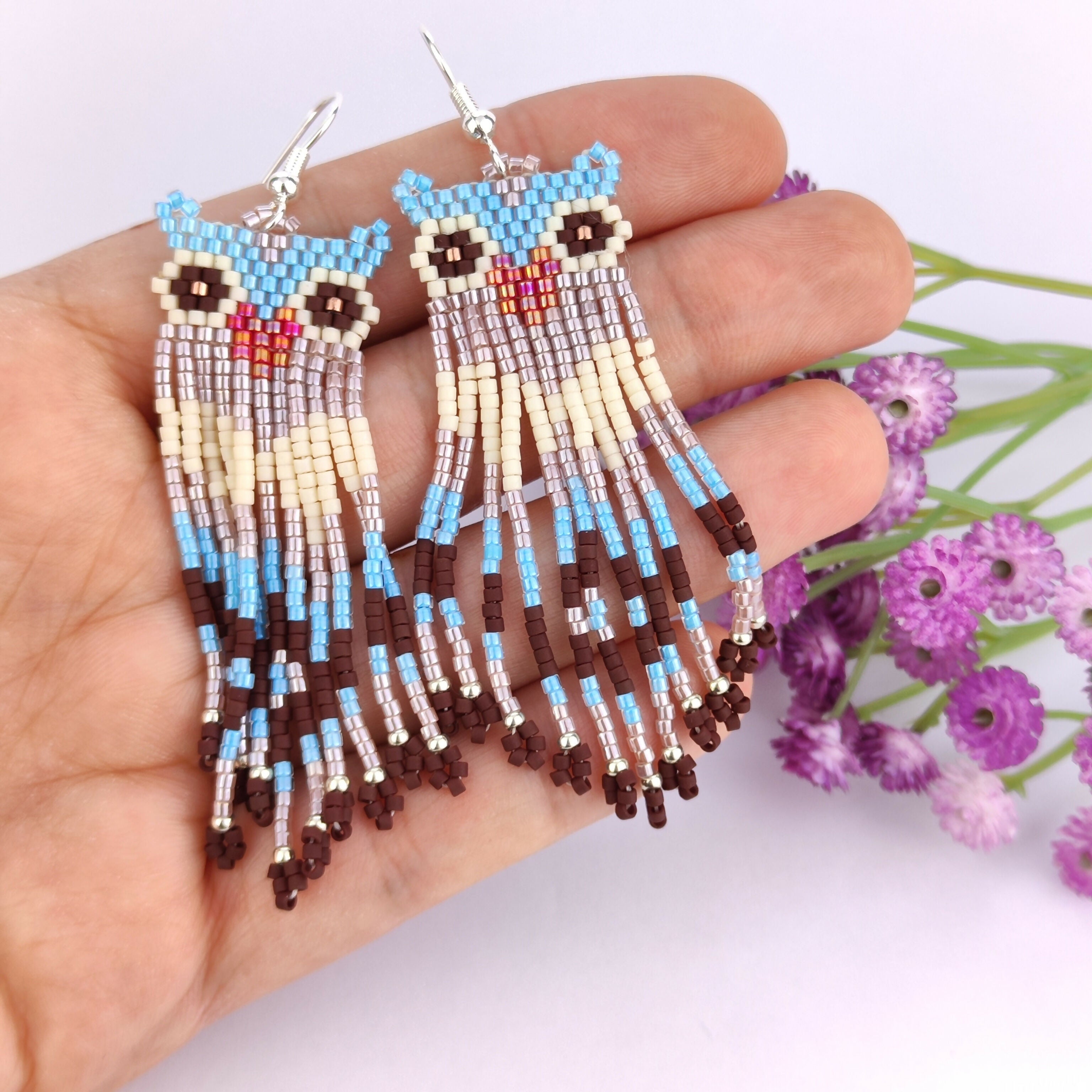 Handwoven Beaded Dangle Earrings - Owls