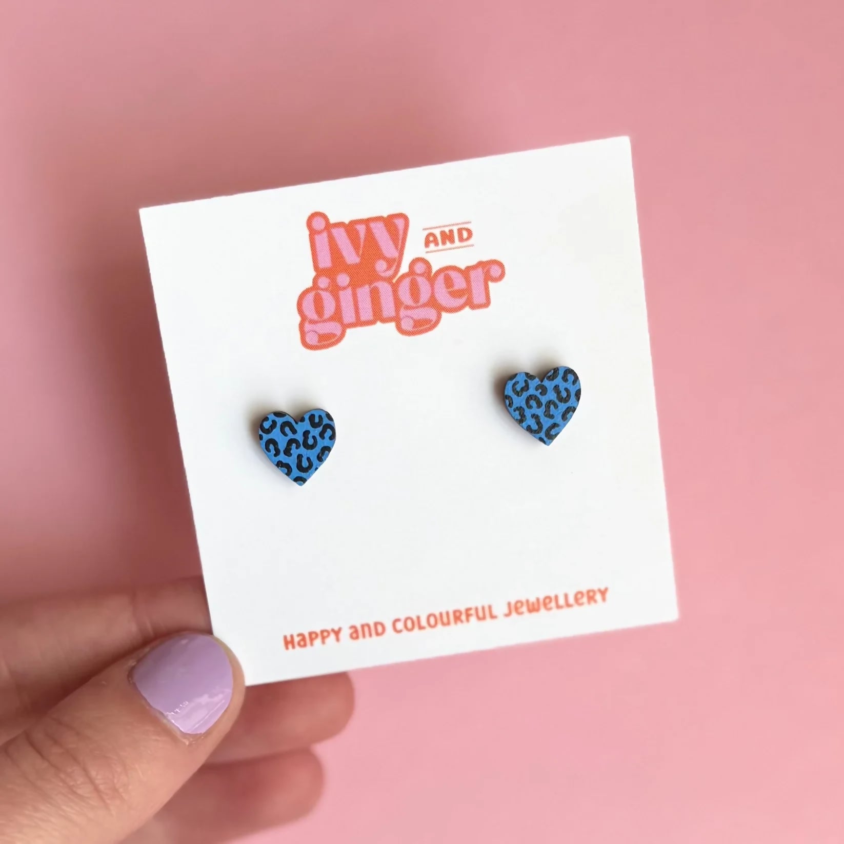 Mini Blue and Black Leopard Print Heart Studs