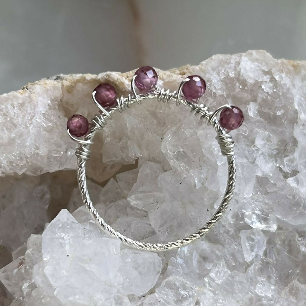 Handmade Sterling Silver Rhodonite Beaded Ring Size M