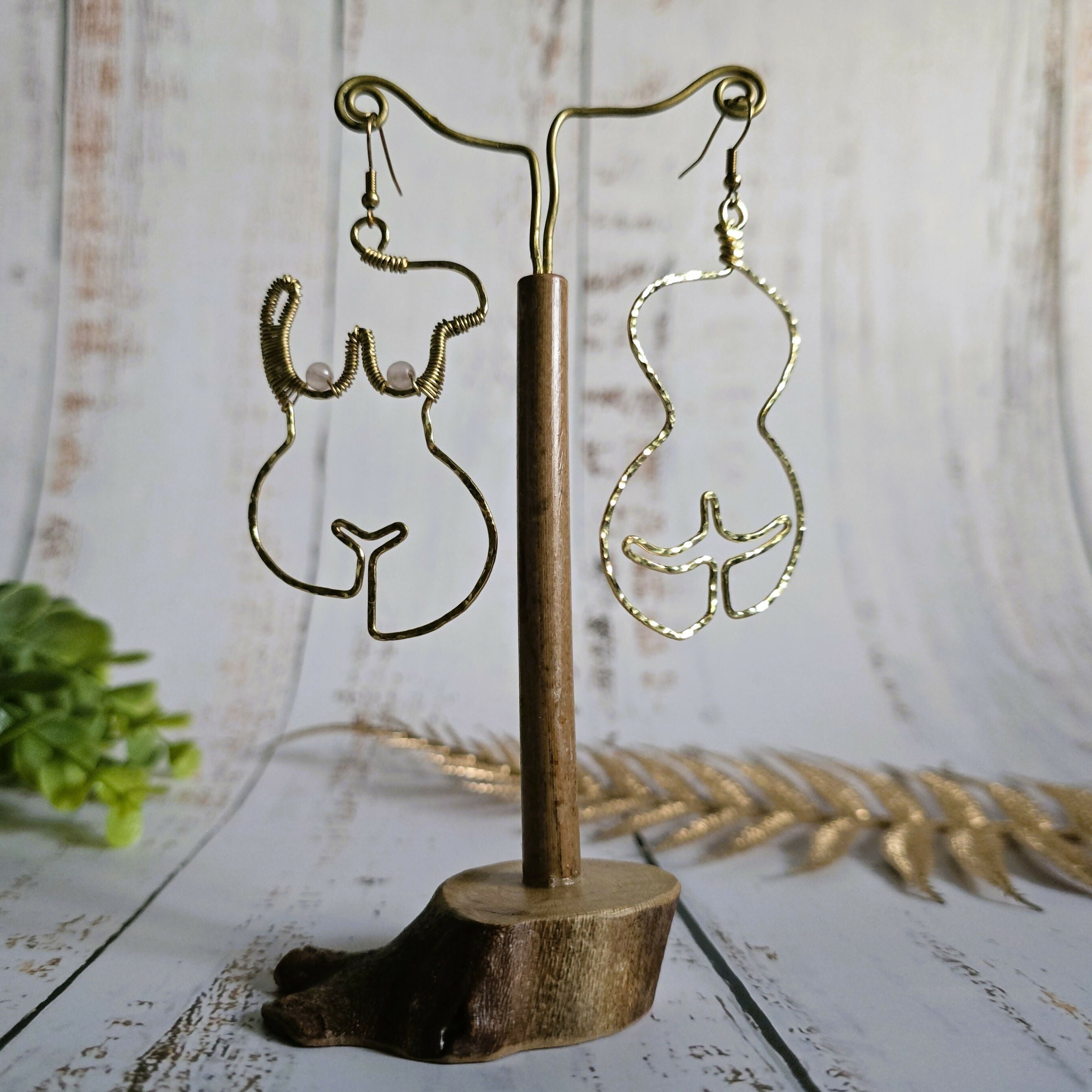 Goddess Woman Form Earrings; Rose Quartz Crystal Feminist Boob Nude Art Female Empowerment Gold Wire Earrings