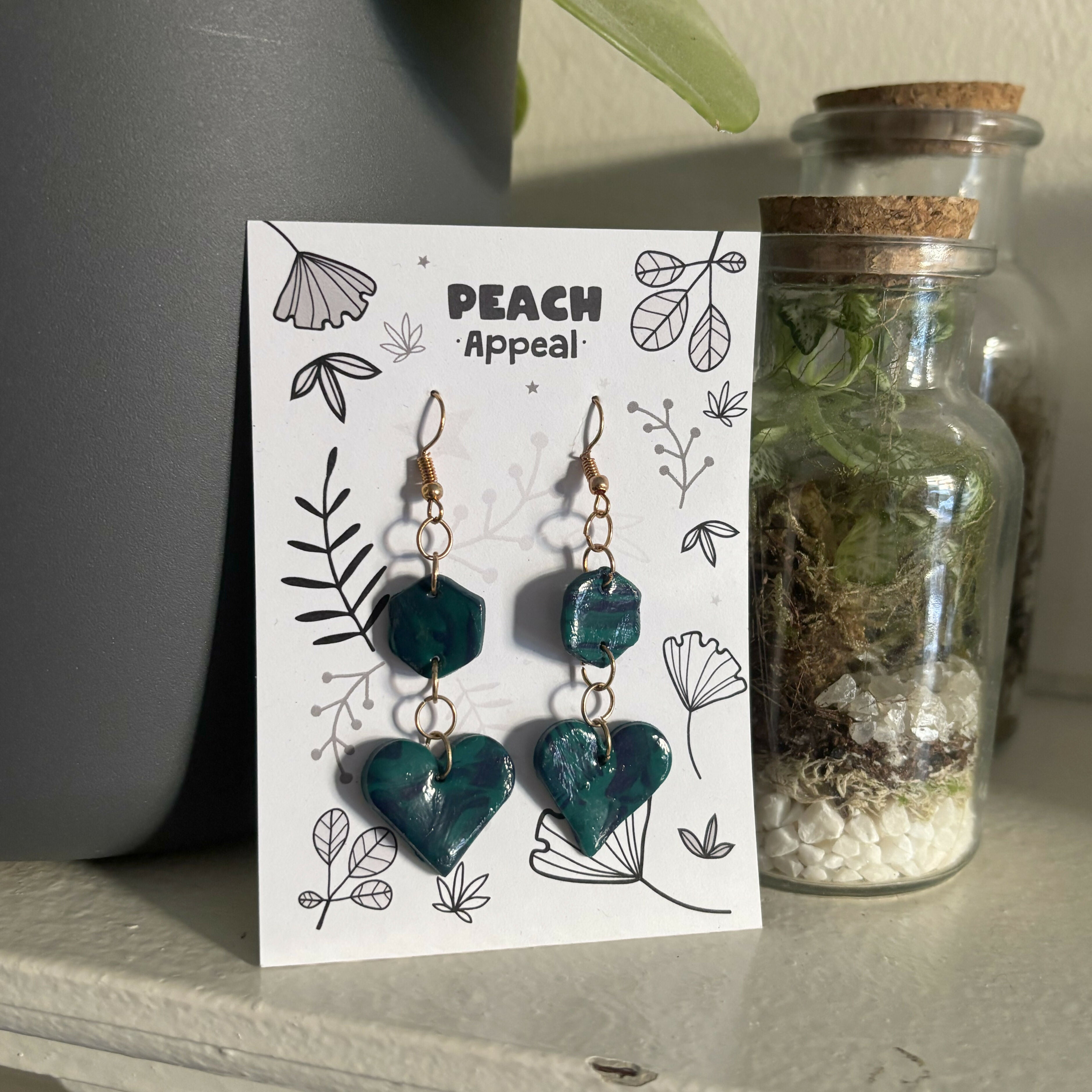 Recycled Polymer Clay Earrings - Green Heart Geometric