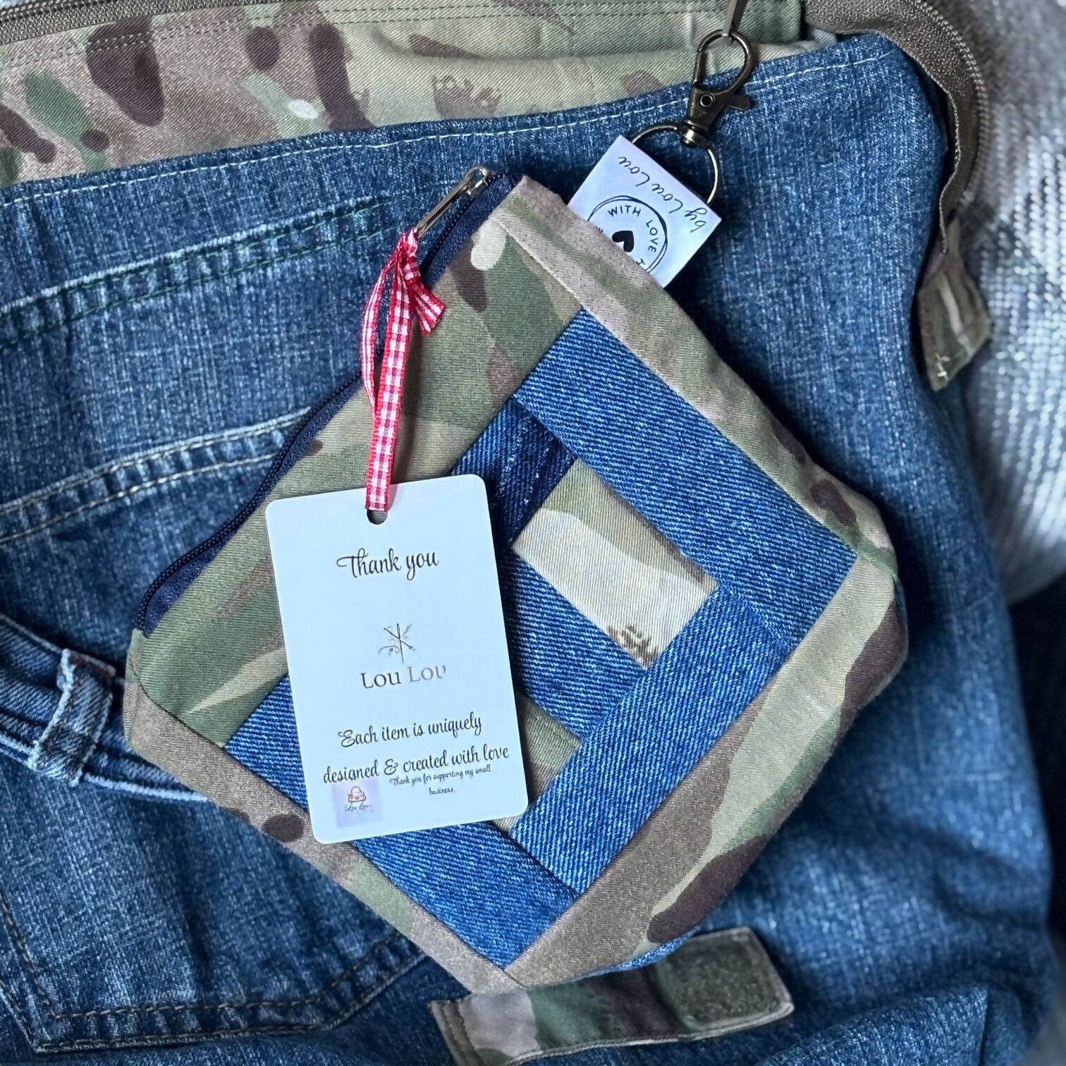 Unique Handcrafted Camouflage Patchwork Purse Cosmetic Bag Made From Upcycled Jeans And Fabric