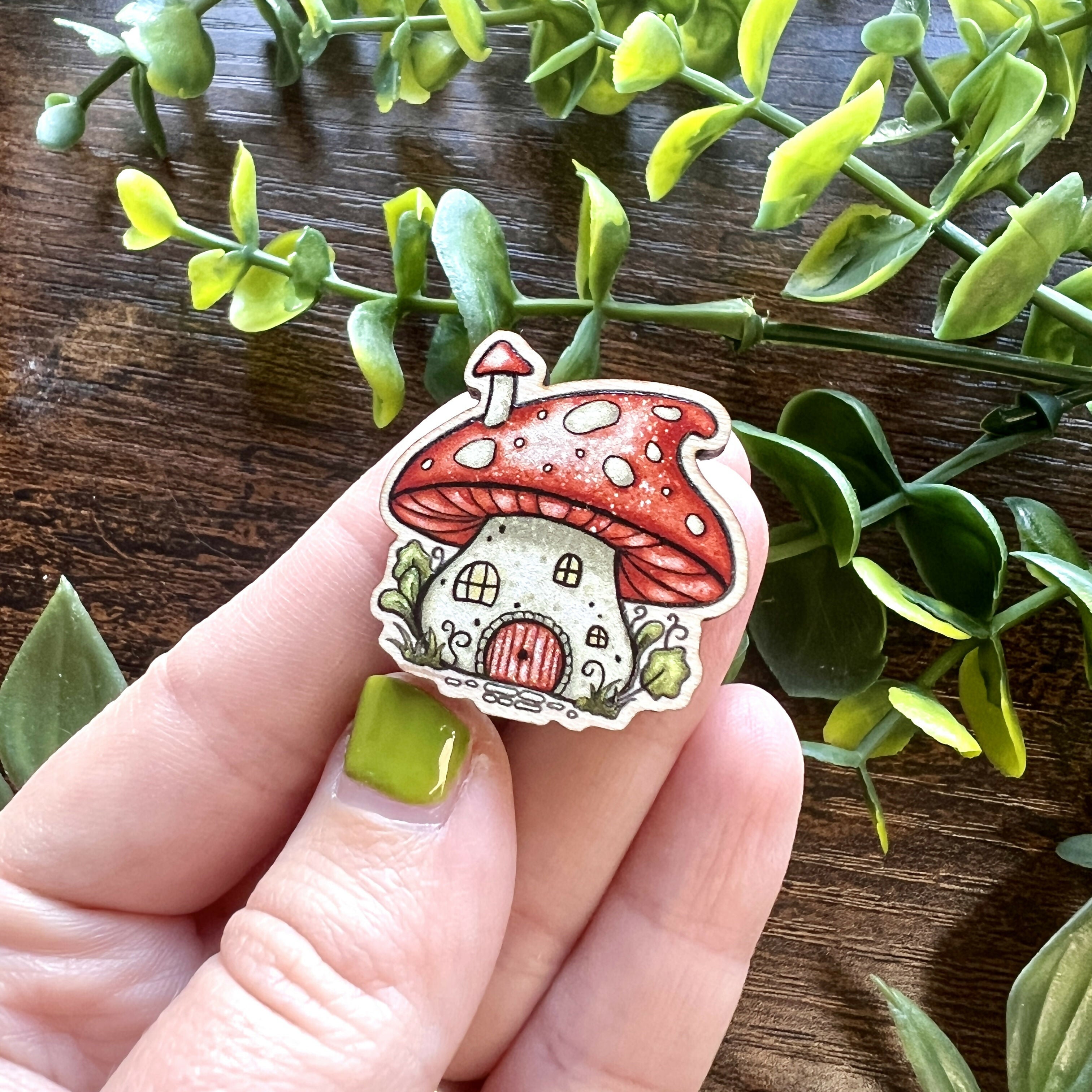 Mushroom House Wooden Pin