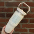 Hand Painted Dot Mandala Thermal Water Bottle with Handle: Cream with Eucalyptus and Pink
