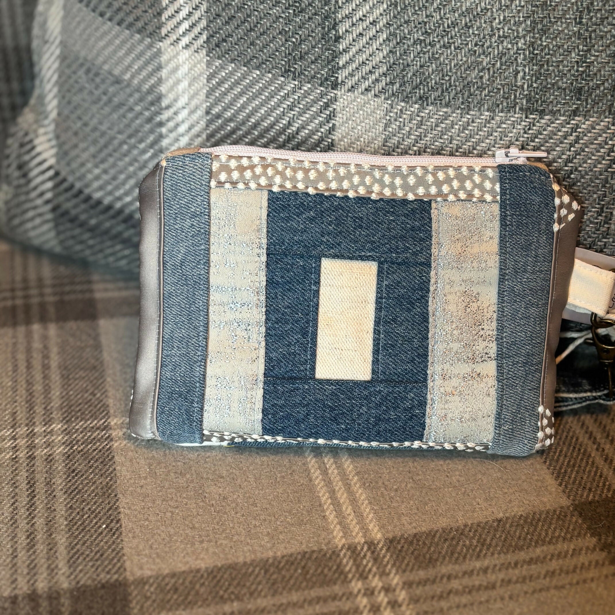 Unique Handcrafted Patchwork Purse Wristie Made From Upcycled Jeans And Dog Print Fabric