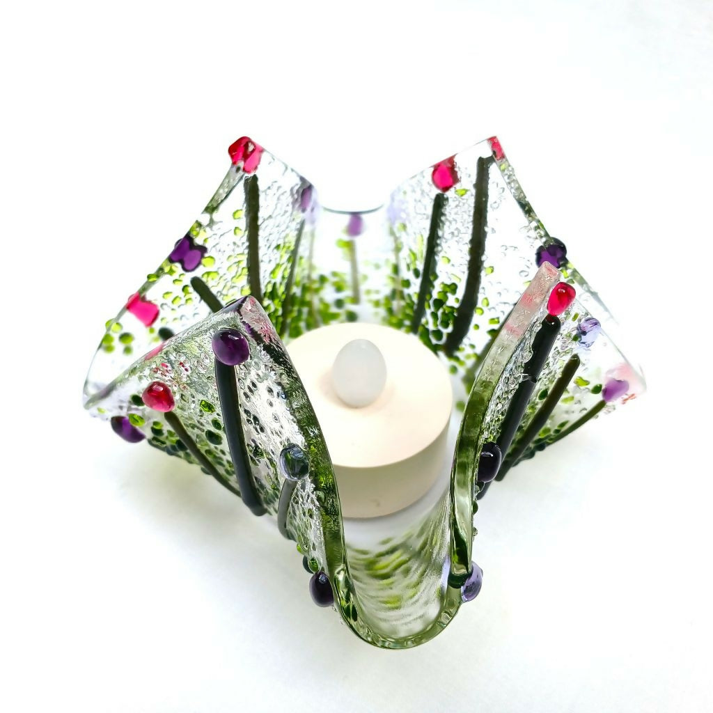 Handmade Handkerchief Tea Light Holder With Pink & Purple Flowers