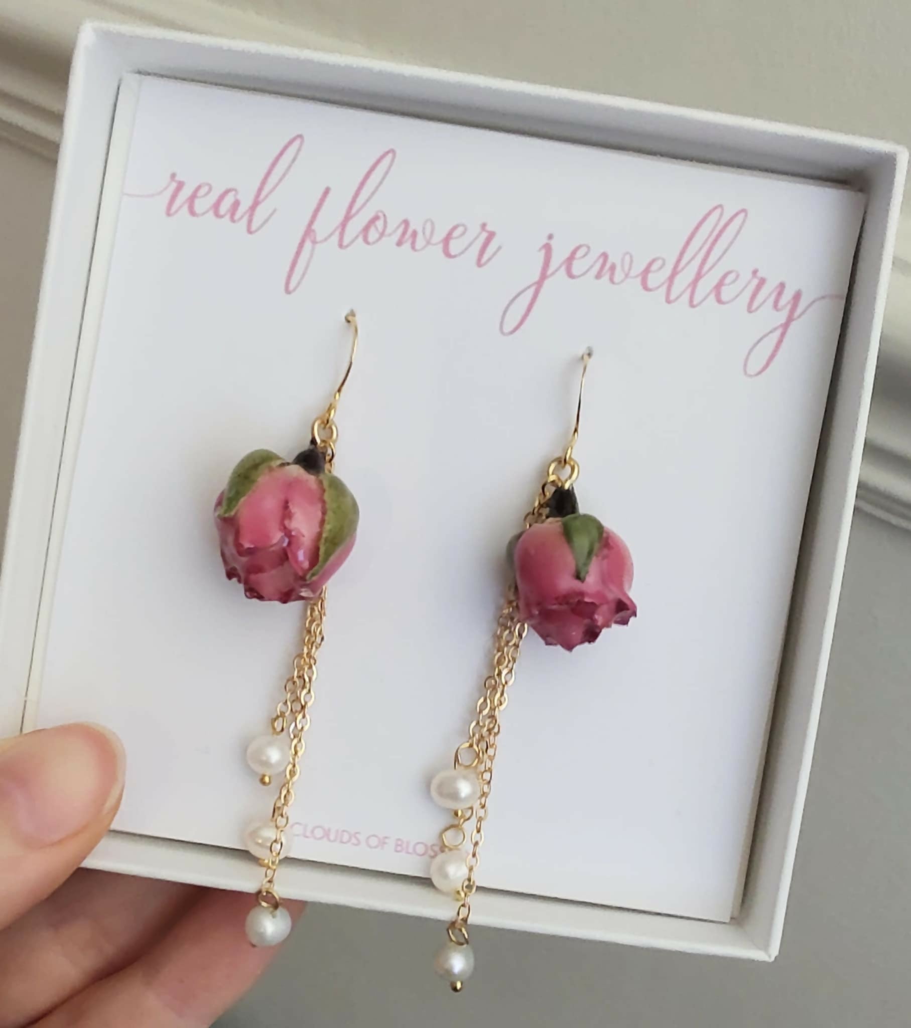 Real Pink Rose and Freshwater Pearl Earrings Gold Plated