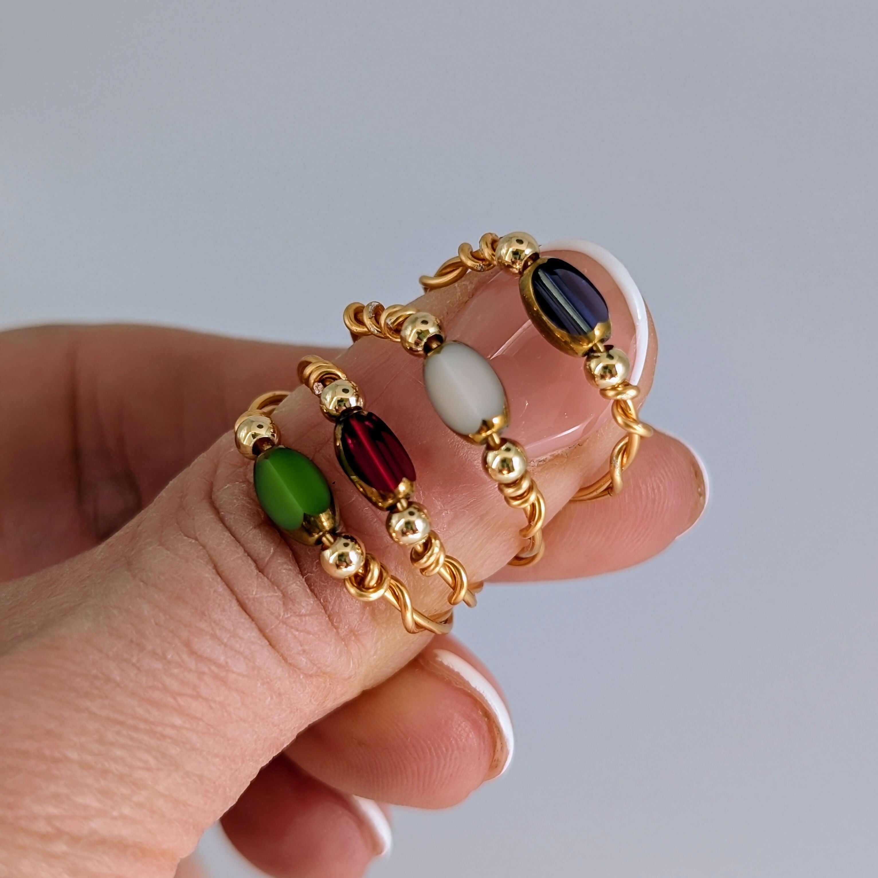SIZE SMALL Glass Bead Gold Plated Wire Rings in an Array of Colours