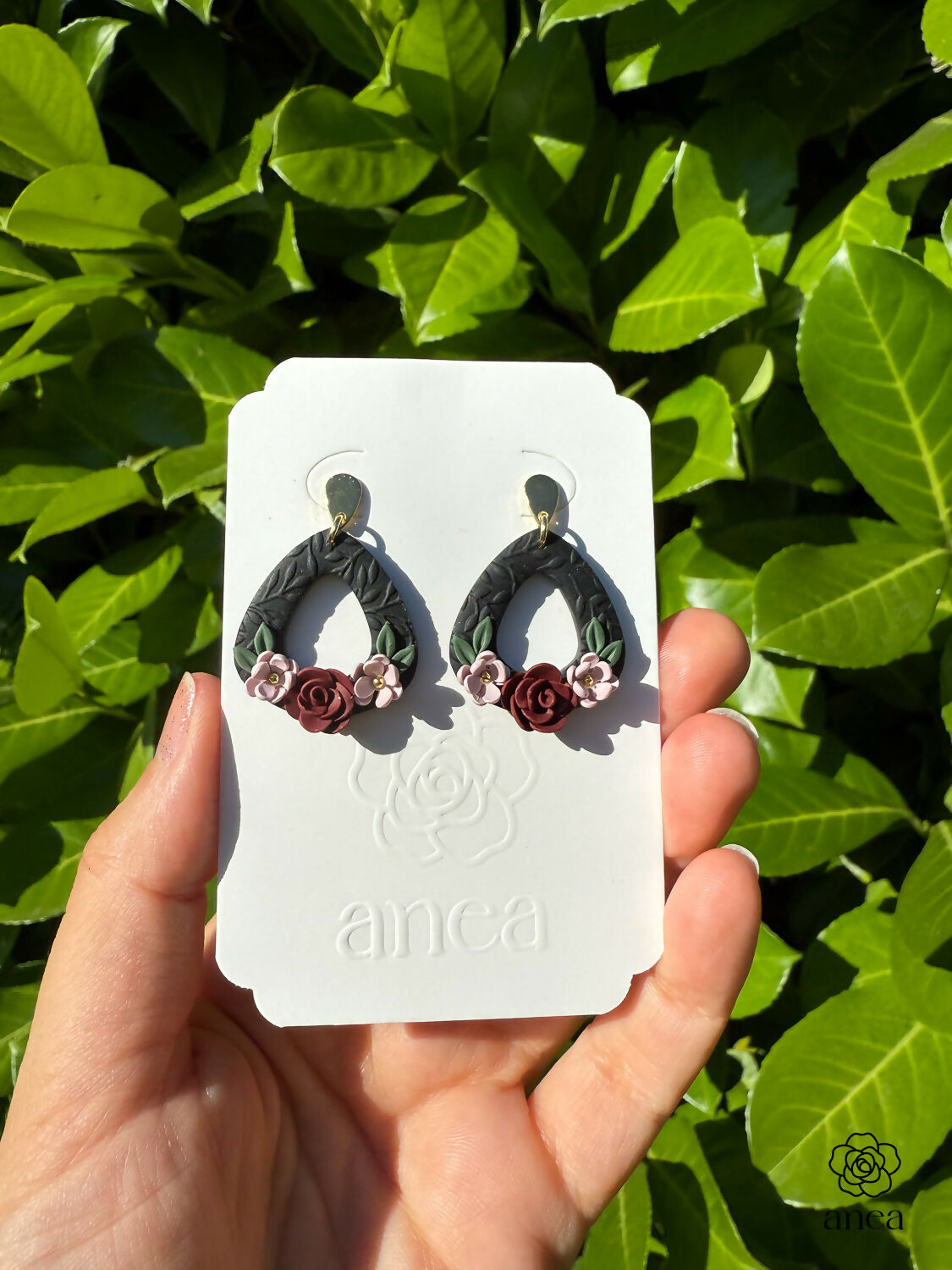 Dark Floral Drop Earrings with Bordeaux Rose and Pink Flower Detail