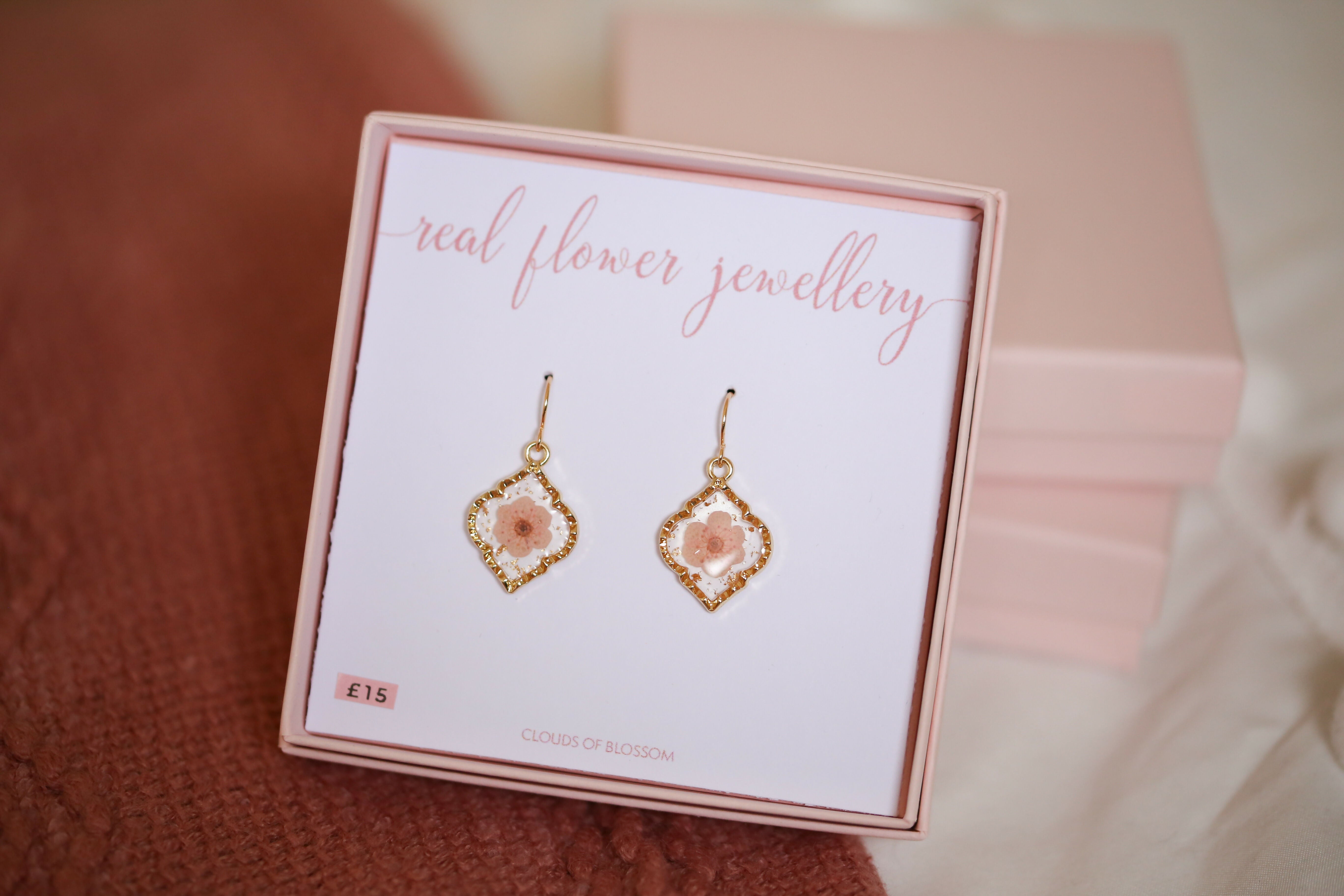Pale Pink Baby’s Breath Fancy Diamond Shaped Bezel Earrings Gold Plated