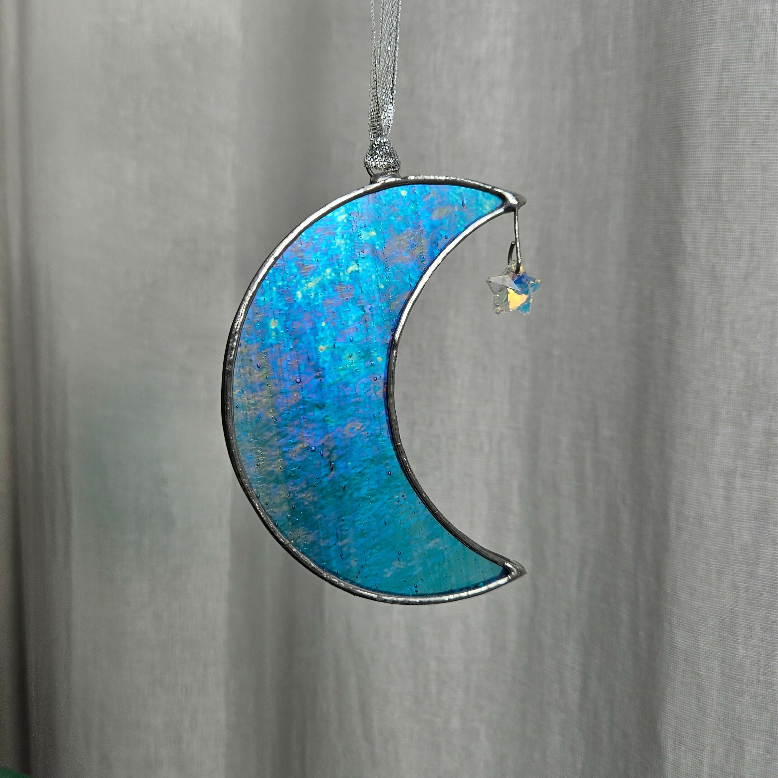 Iridescent Streaky Blue Crescent Moon Stained Glass Suncatcher