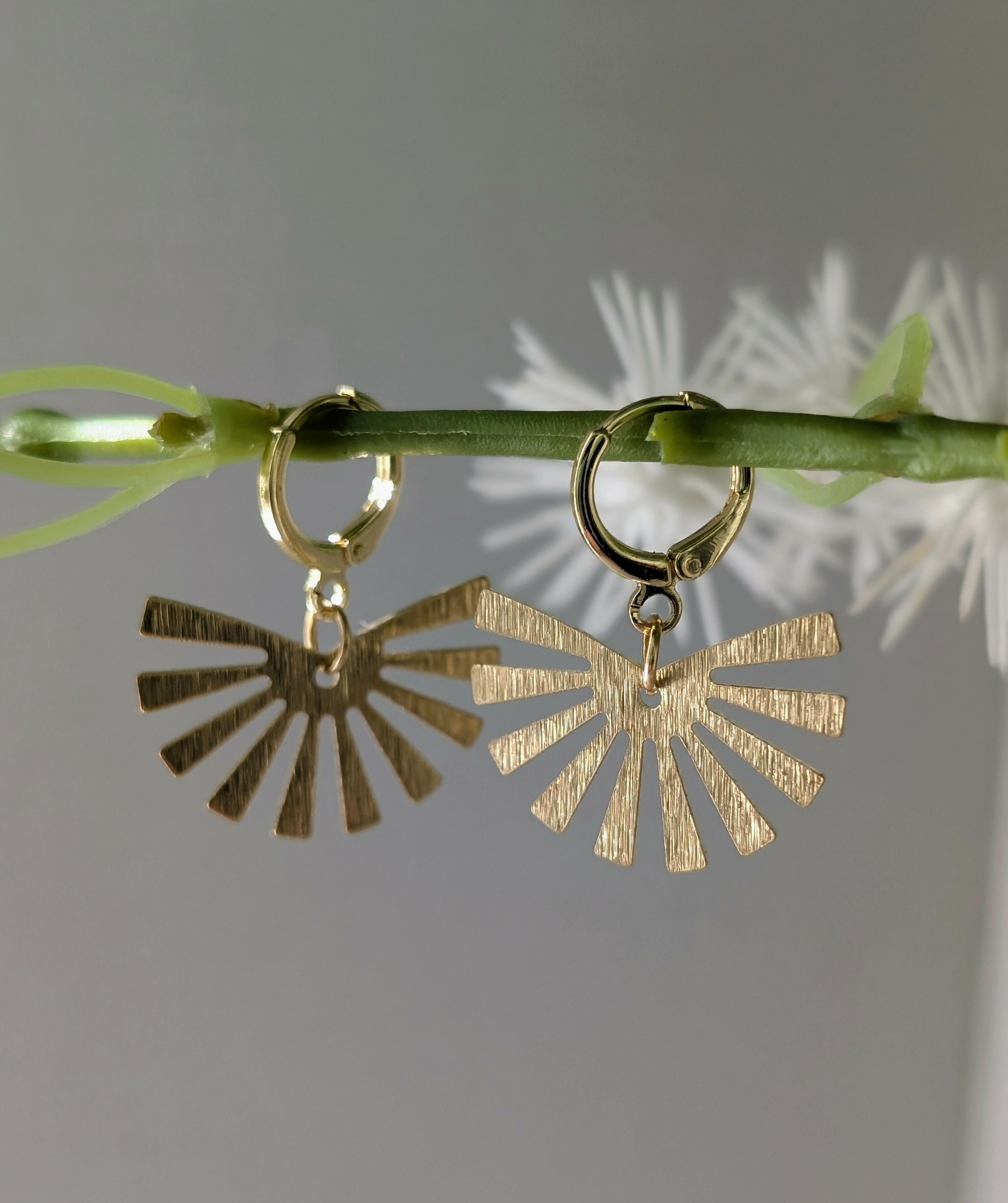 Gold Half Sun Fan Earrings on Gold Plated Huggie