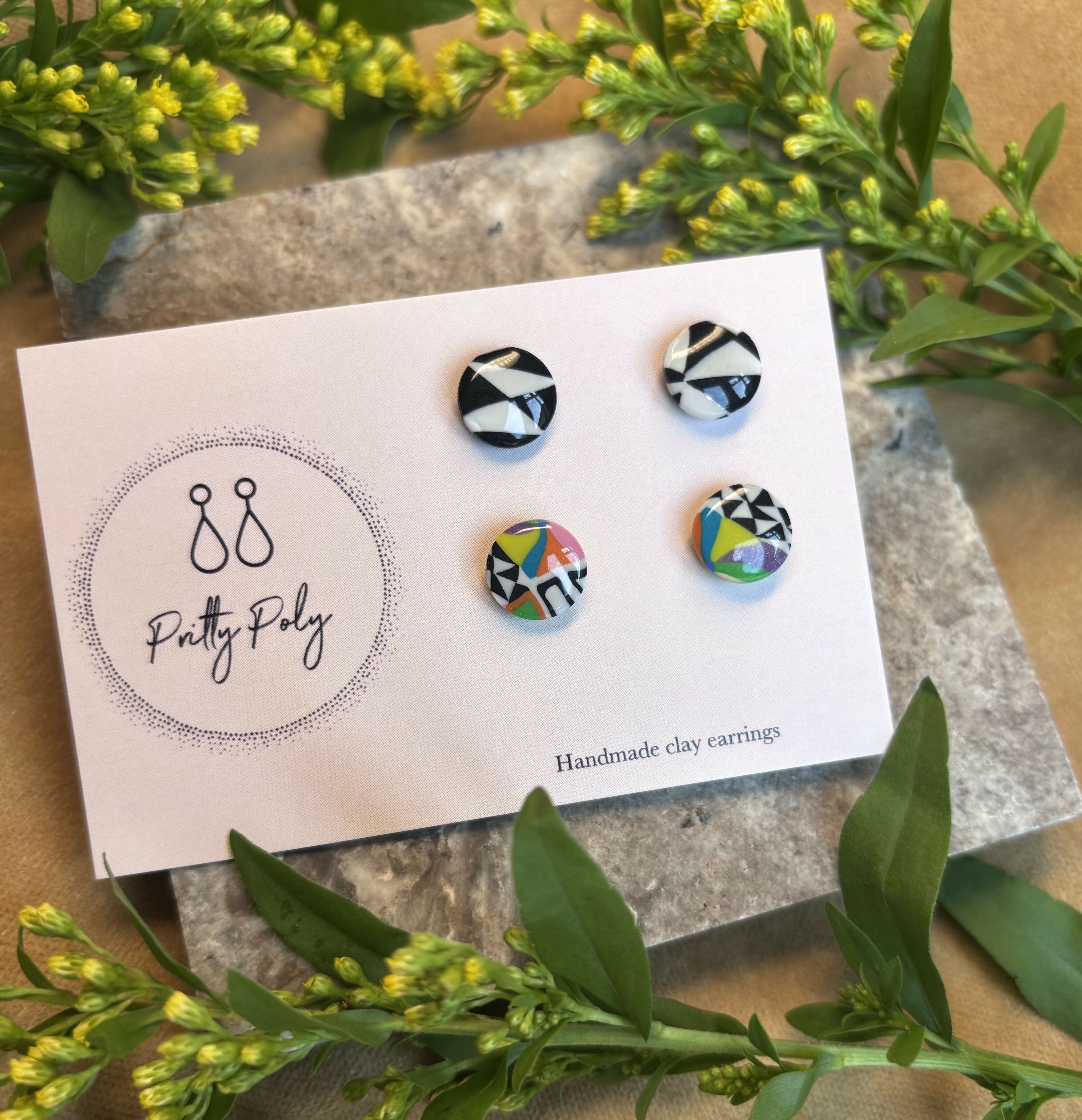 Polymer Clay Stud Pack - Black and White and Colour Pattern